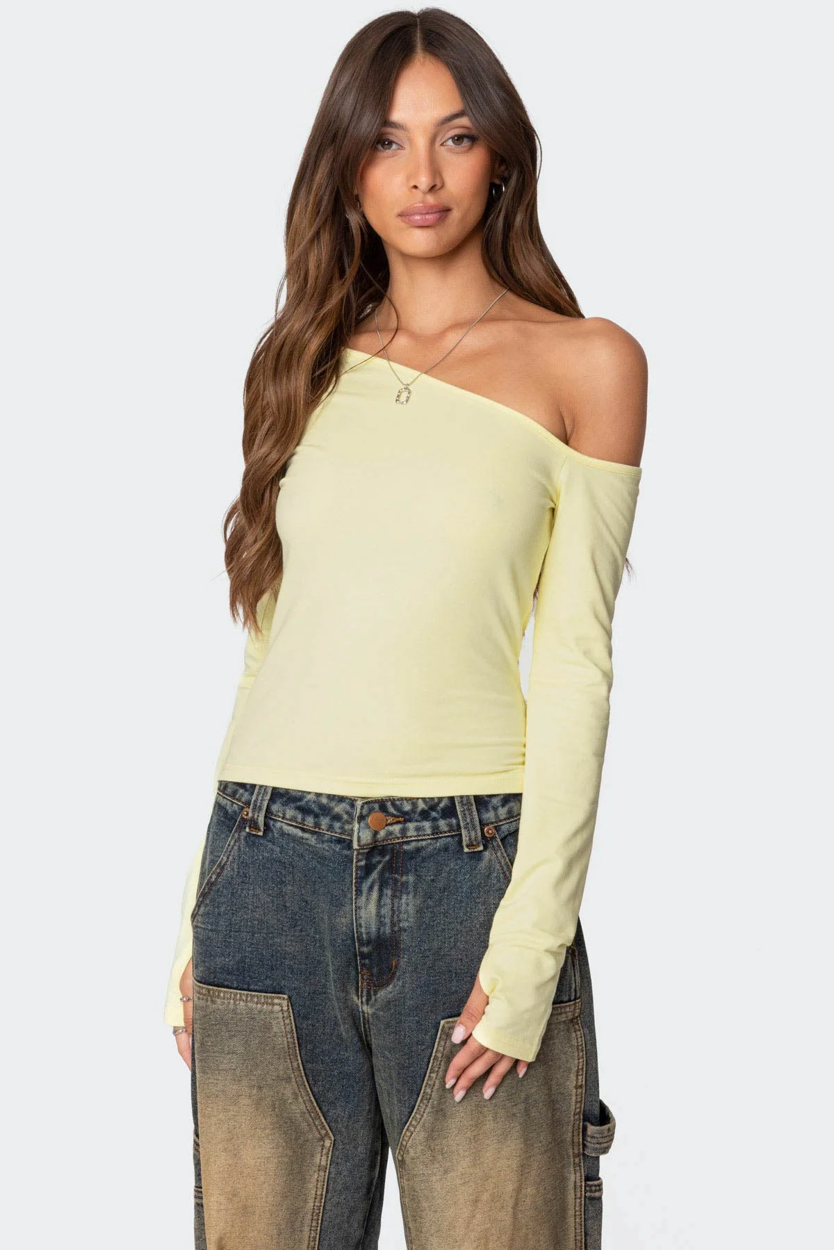 Yellow Asymmetric Cotton Spandex Top Womens Long Sleeve Blouse