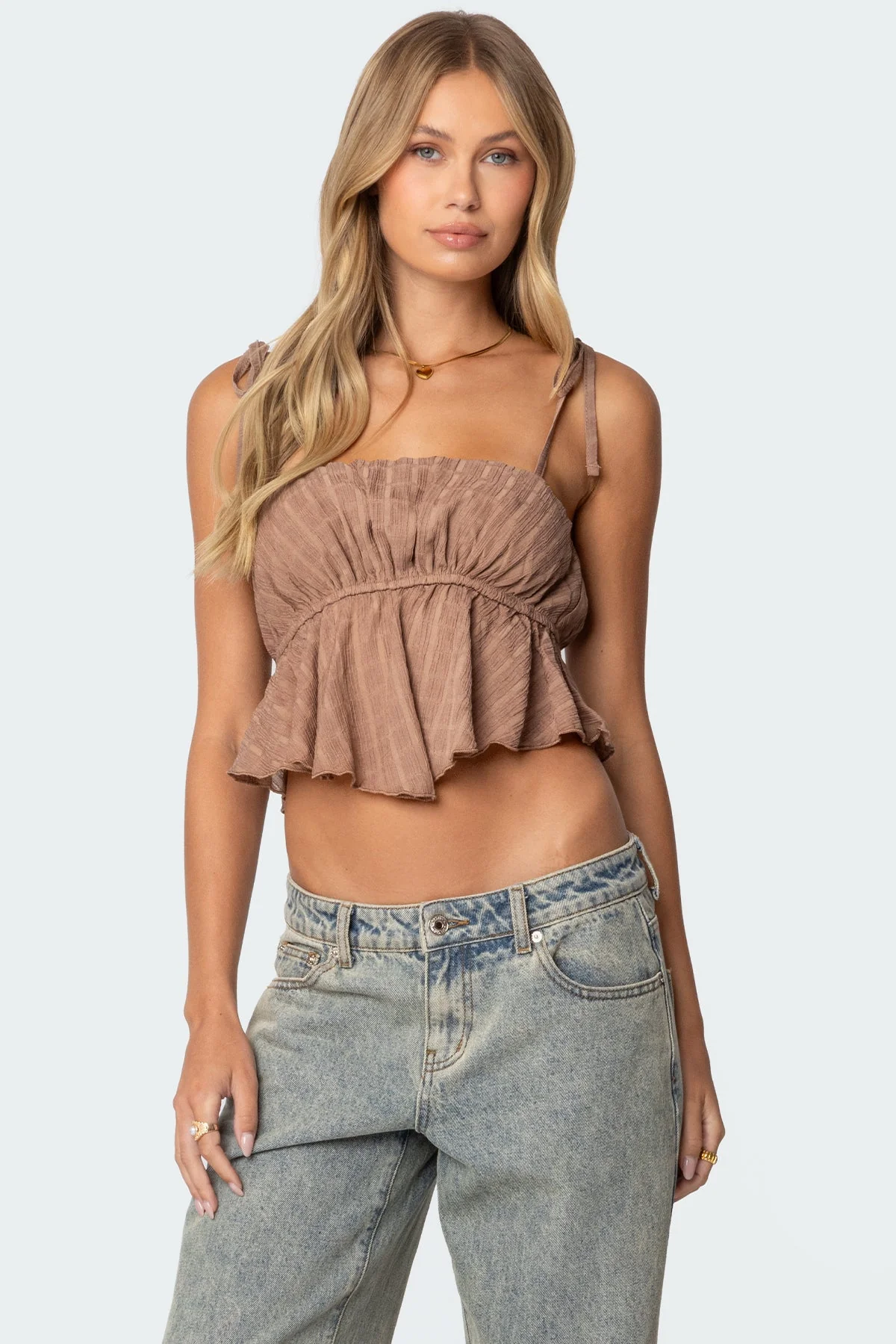 Brown Textured Chiffon Crop Top Flare Design