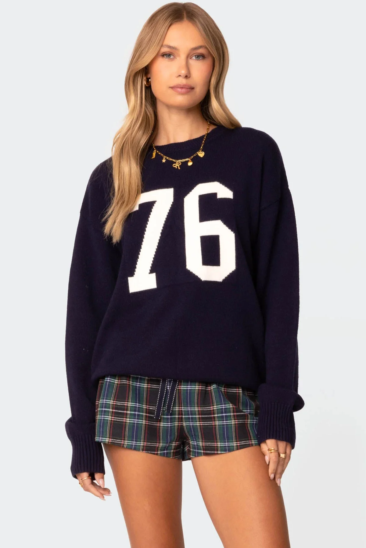 Navy Knit Graphic Text Sweater - Long Sleeve Acrylic