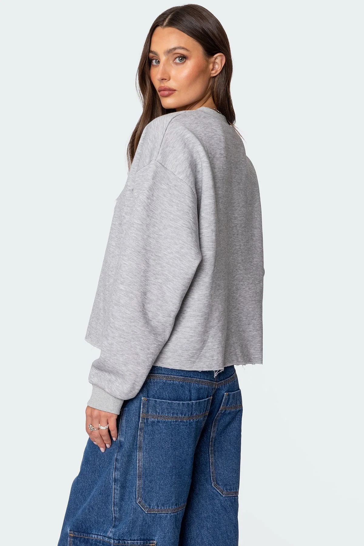 Gray Melange Graphic Sweatshirt - Womens Crewneck Long Sleeve Top