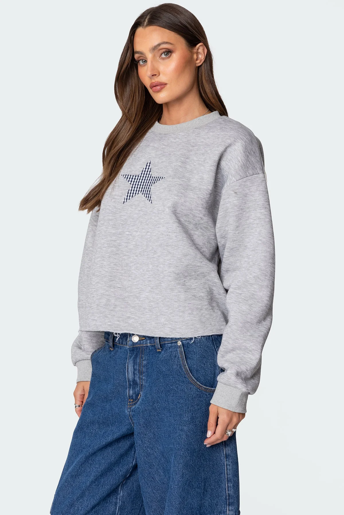 Gray Melange Graphic Sweatshirt - Womens Crewneck Long Sleeve Top
