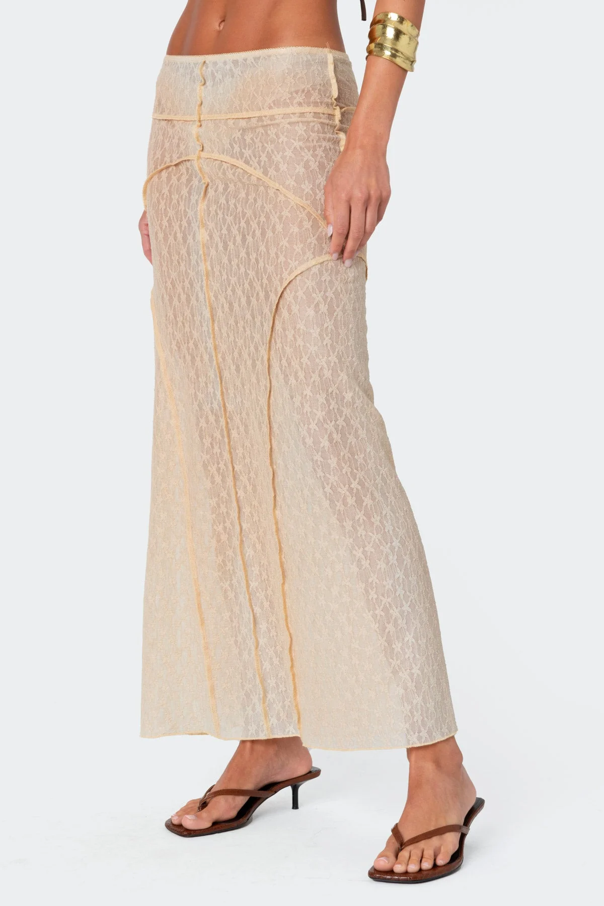 Beige Sheer Lace Maxi Skirt Dress