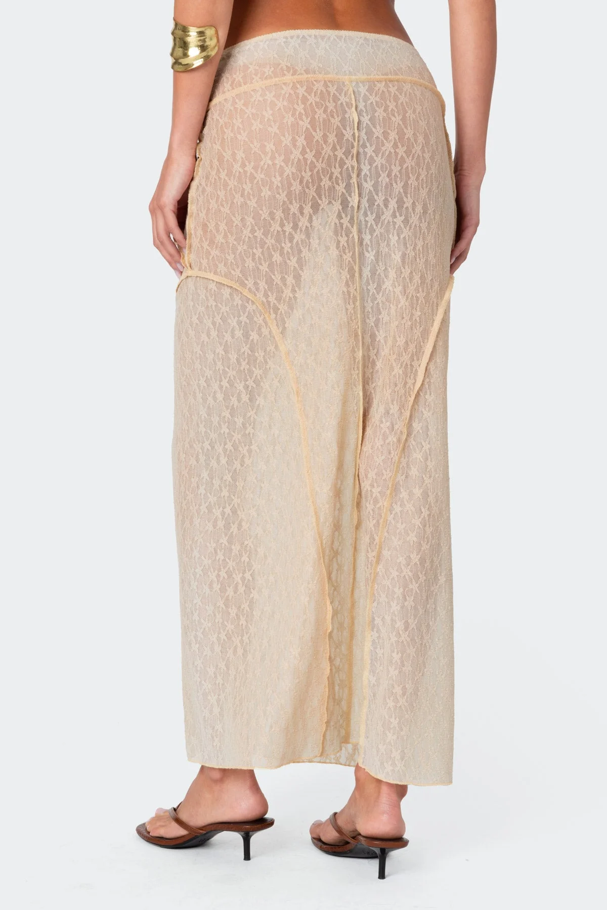 Beige Sheer Lace Maxi Skirt Dress