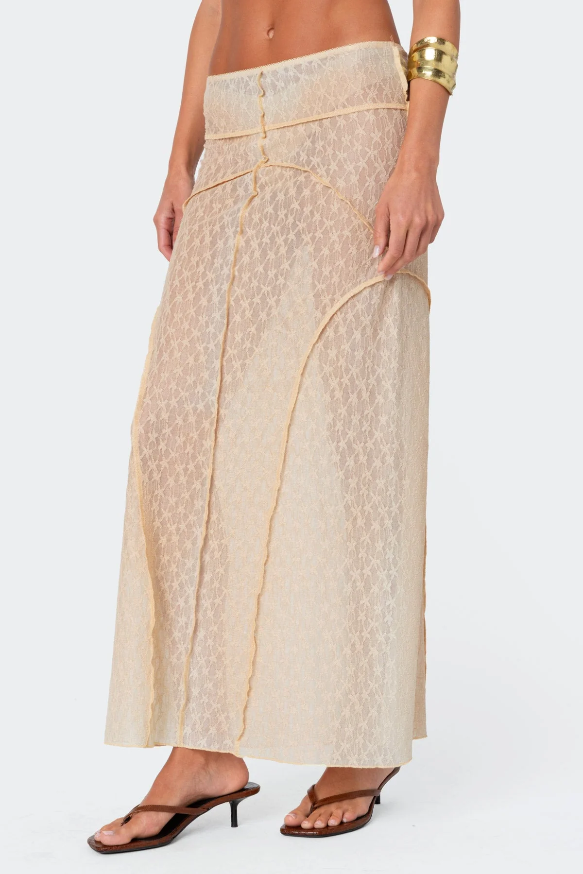 Beige Sheer Lace Maxi Skirt Dress