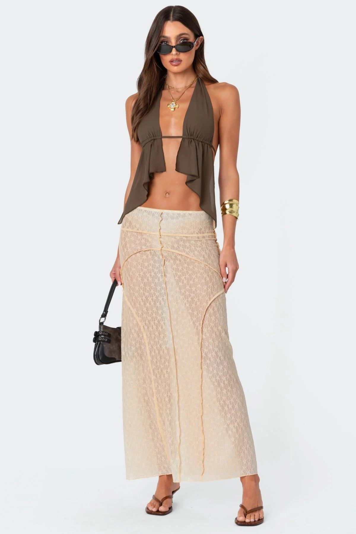 Beige Sheer Lace Maxi Skirt Dress