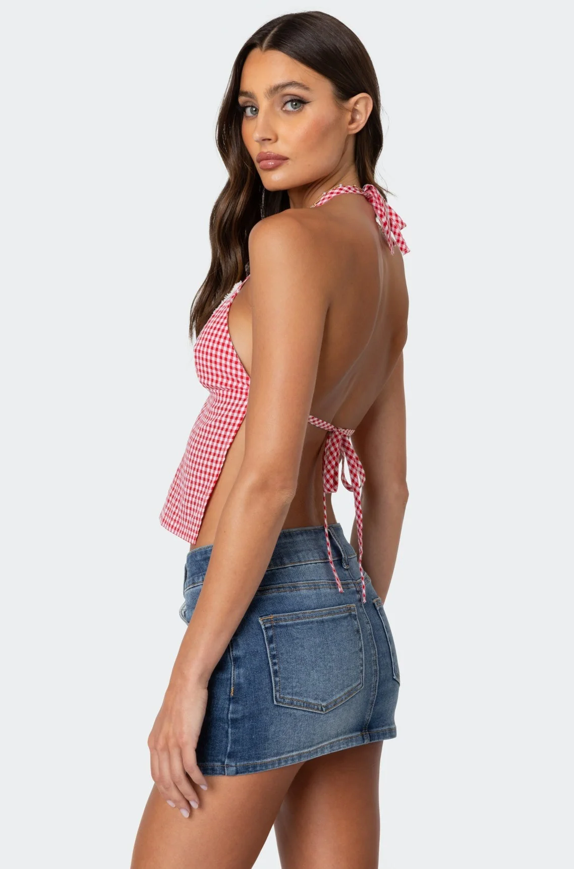 Red Gingham Halter Top with Open Back
