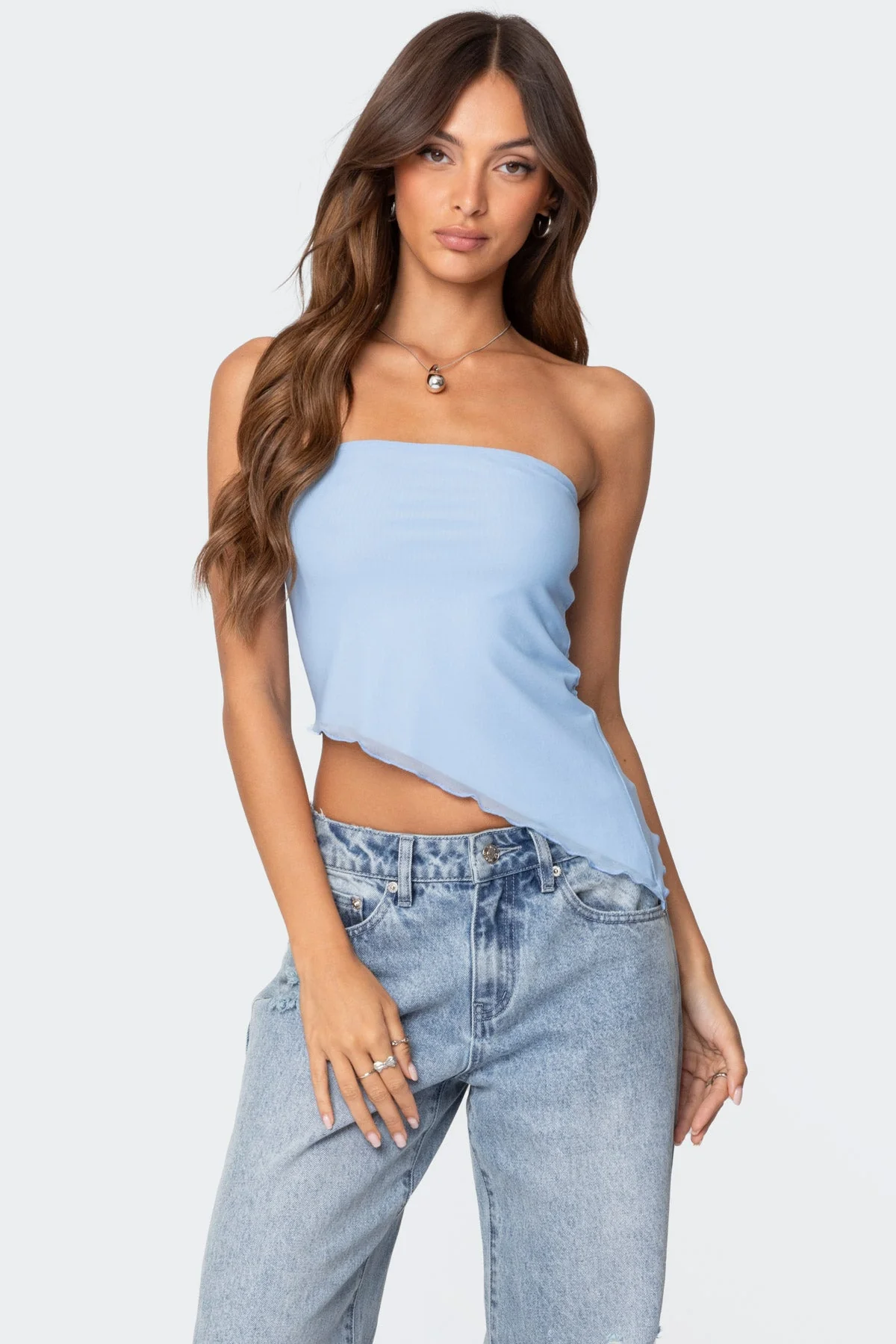Light Blue Mesh Asymmetric Tube Top