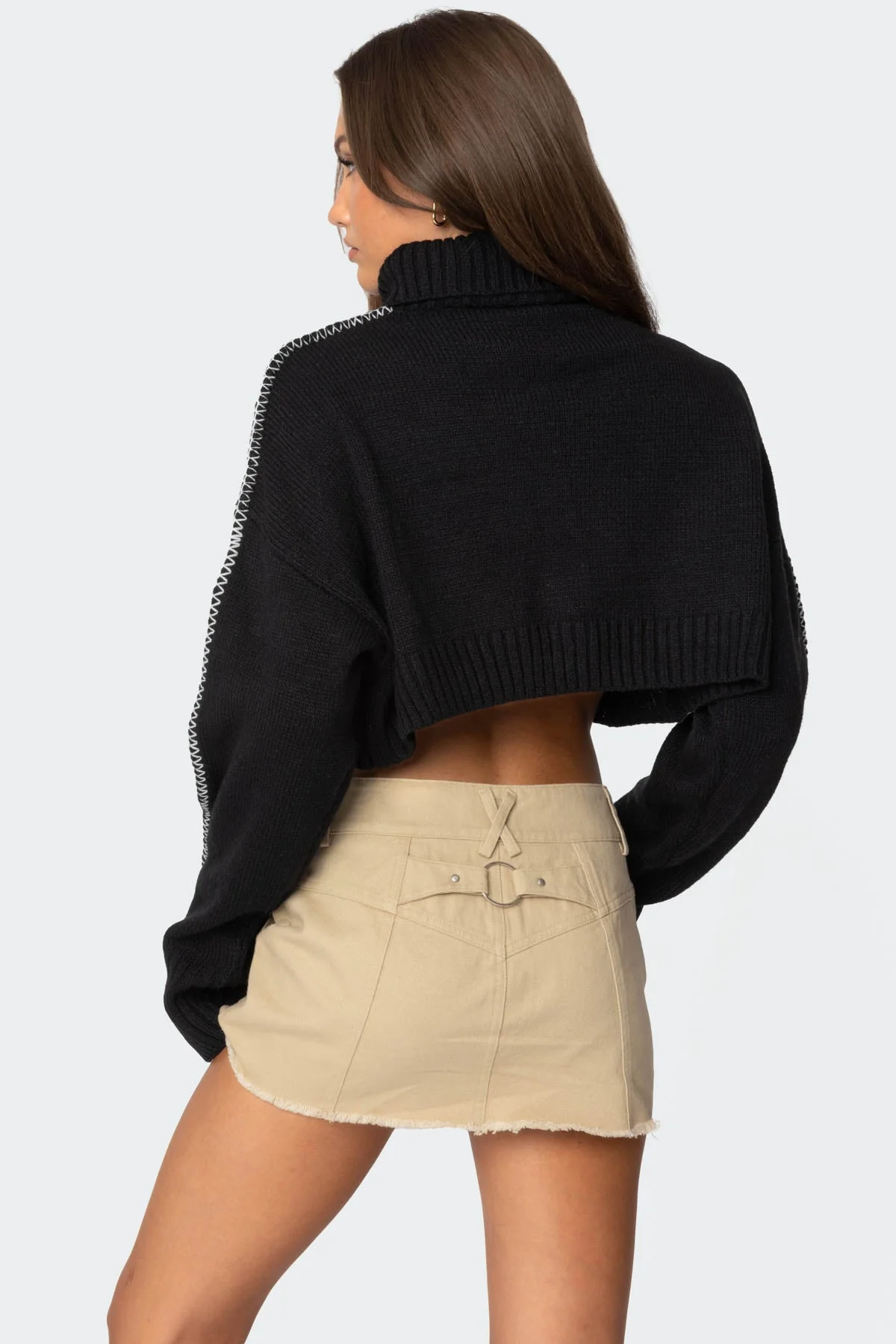 Black Cropped Turtle Neck Sweater with Embroidered Edge