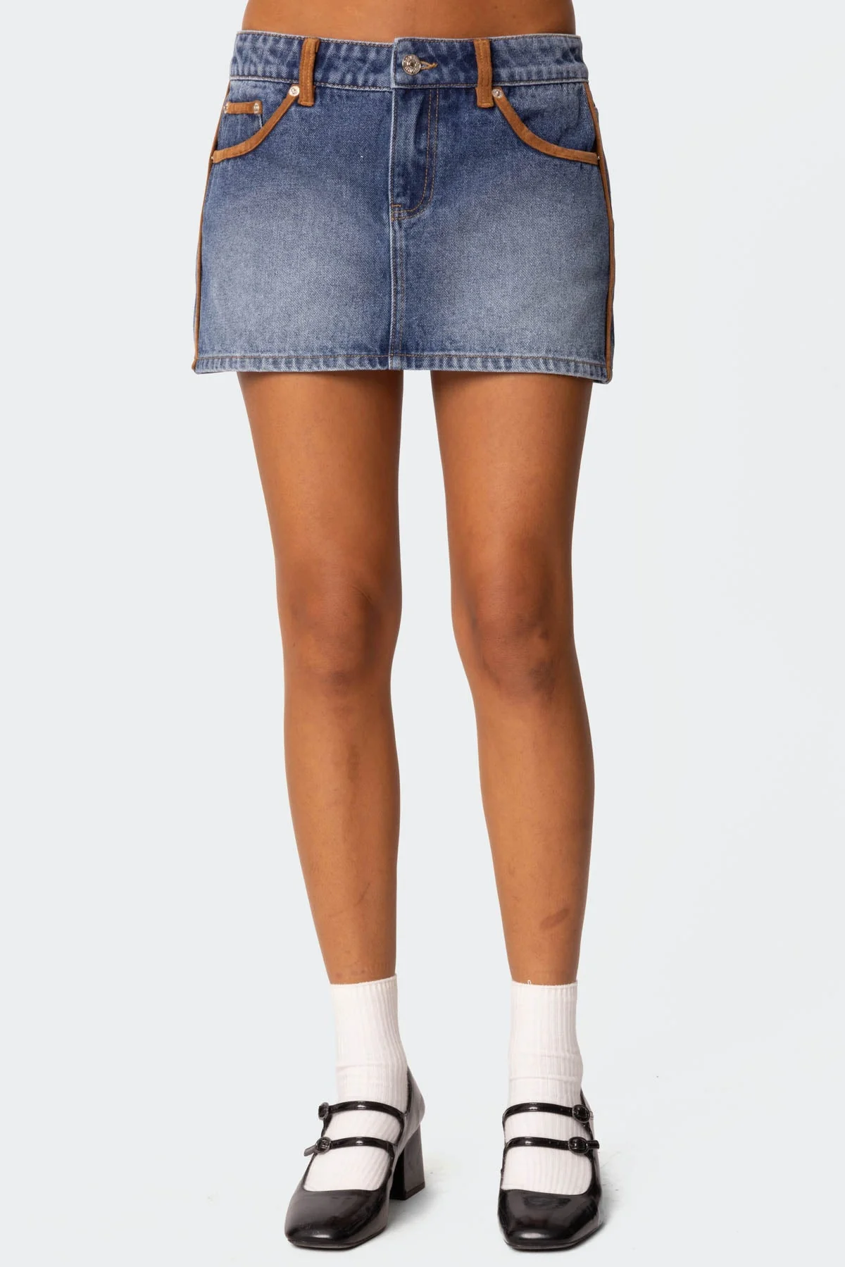 Blue Denim Mini Skirt with Suede Trim - Stylish Casual Wear