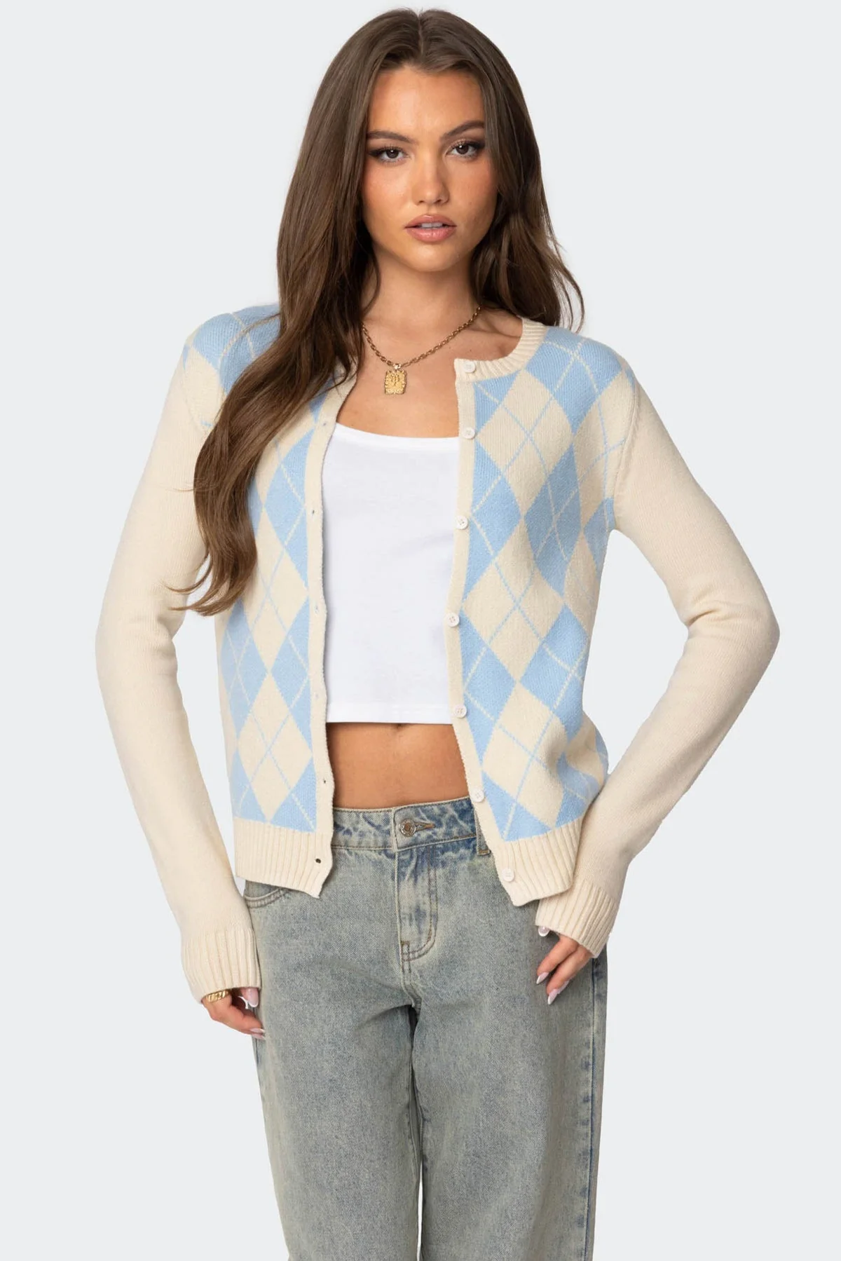Cream and Blue Knit Argyle Cardigan