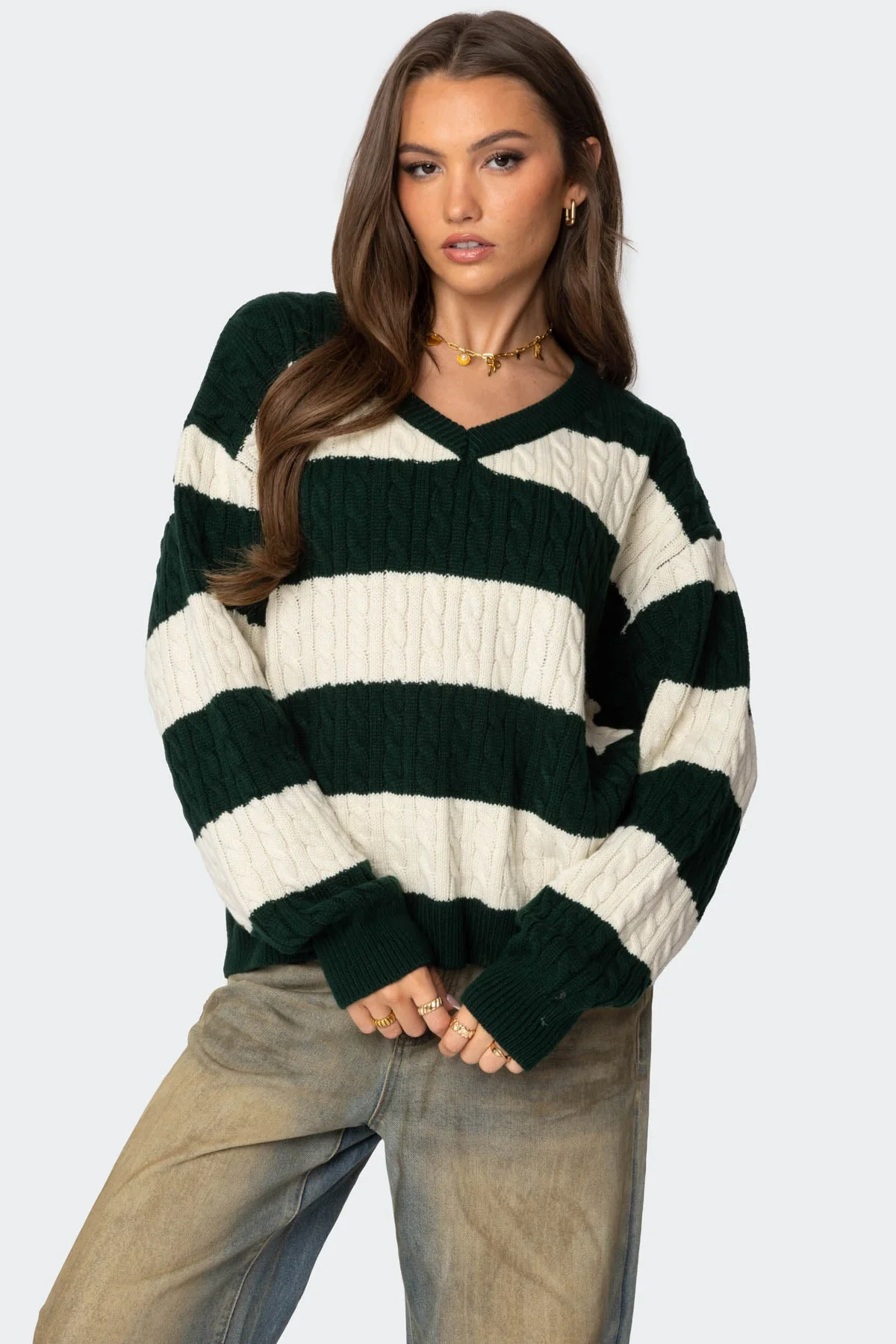 Green Striped Cable Knit Sweater