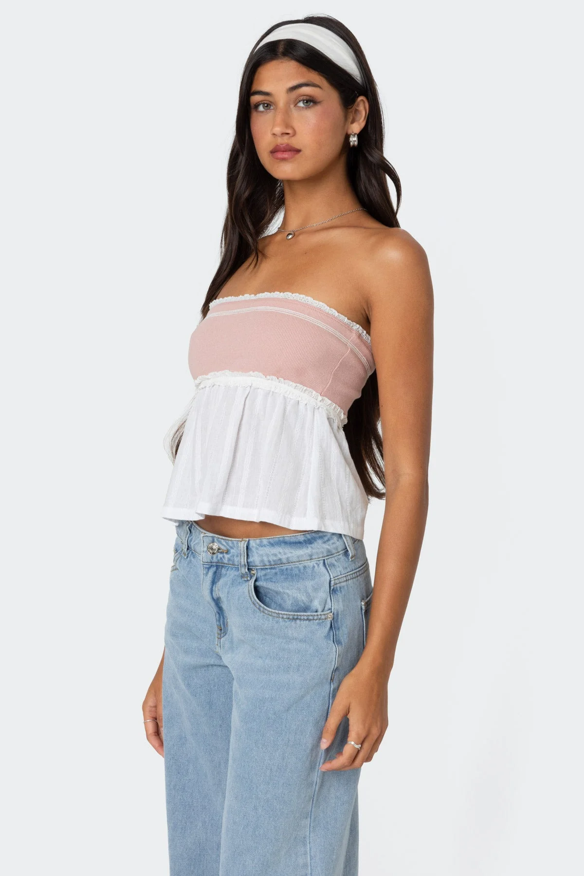 Ribbed Peplum Tube Top in Pink and White - Strapless Style