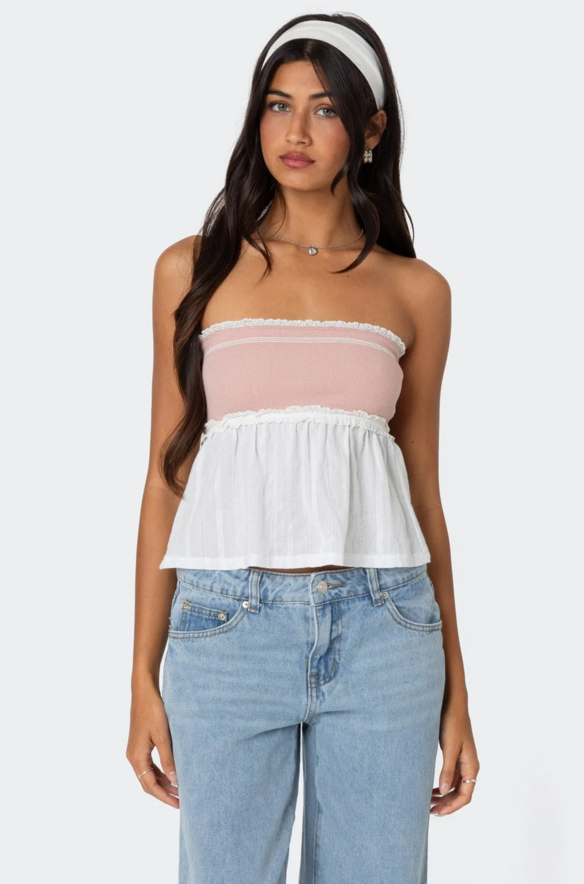 Ribbed Peplum Tube Top in Pink and White - Strapless Style
