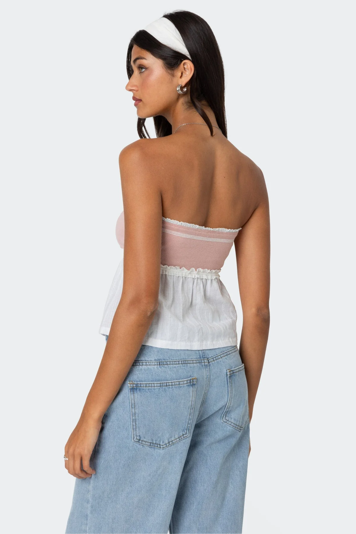 Ribbed Peplum Tube Top in Pink and White - Strapless Style