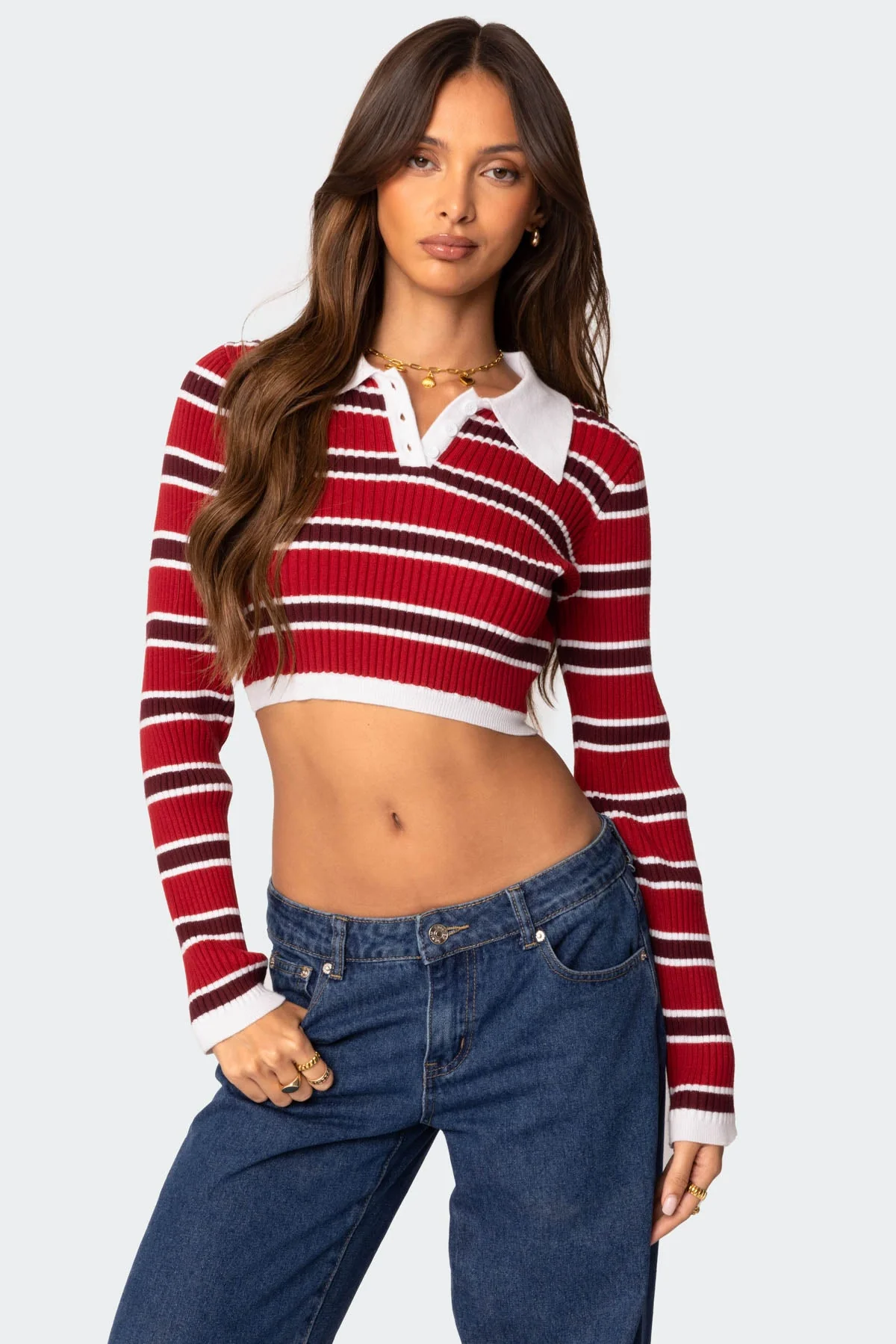 Ribbed Red Sweater with Classic Collar