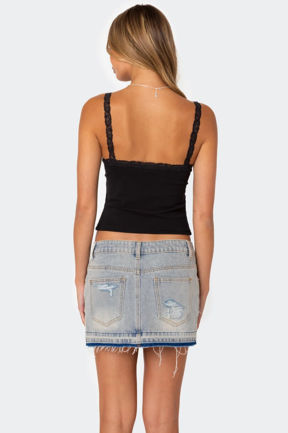 V-Neck Lace Trim Cotton Tank Top in Black