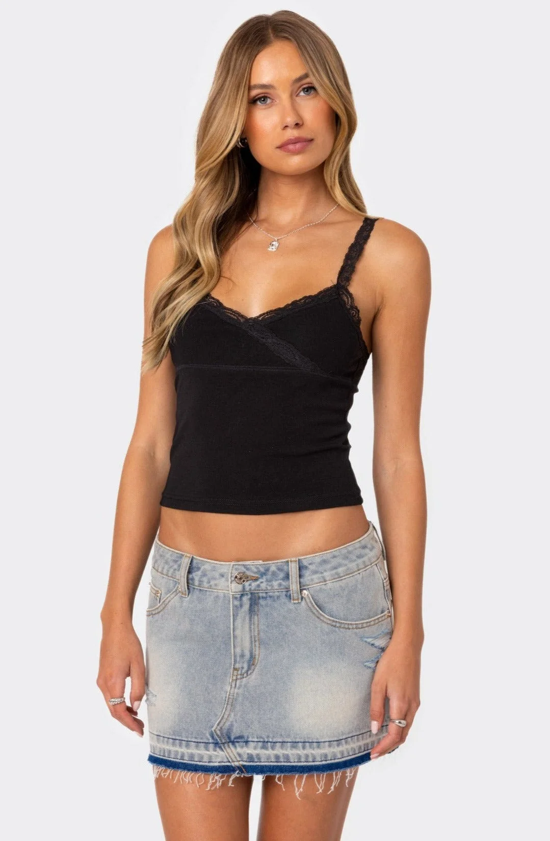 V-Neck Lace Trim Cotton Tank Top in Black