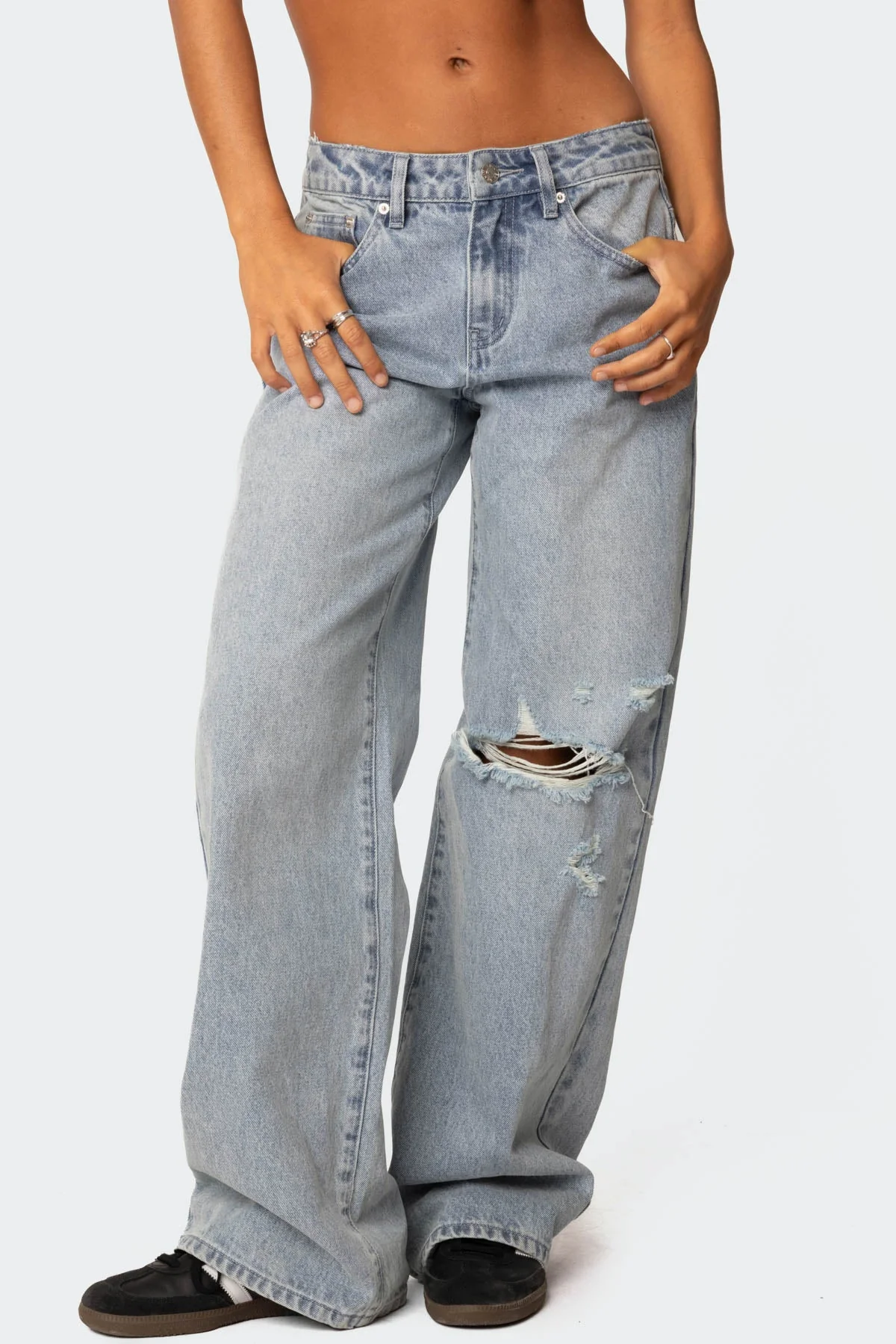 Distressed Blue Wide Leg Denim Pants