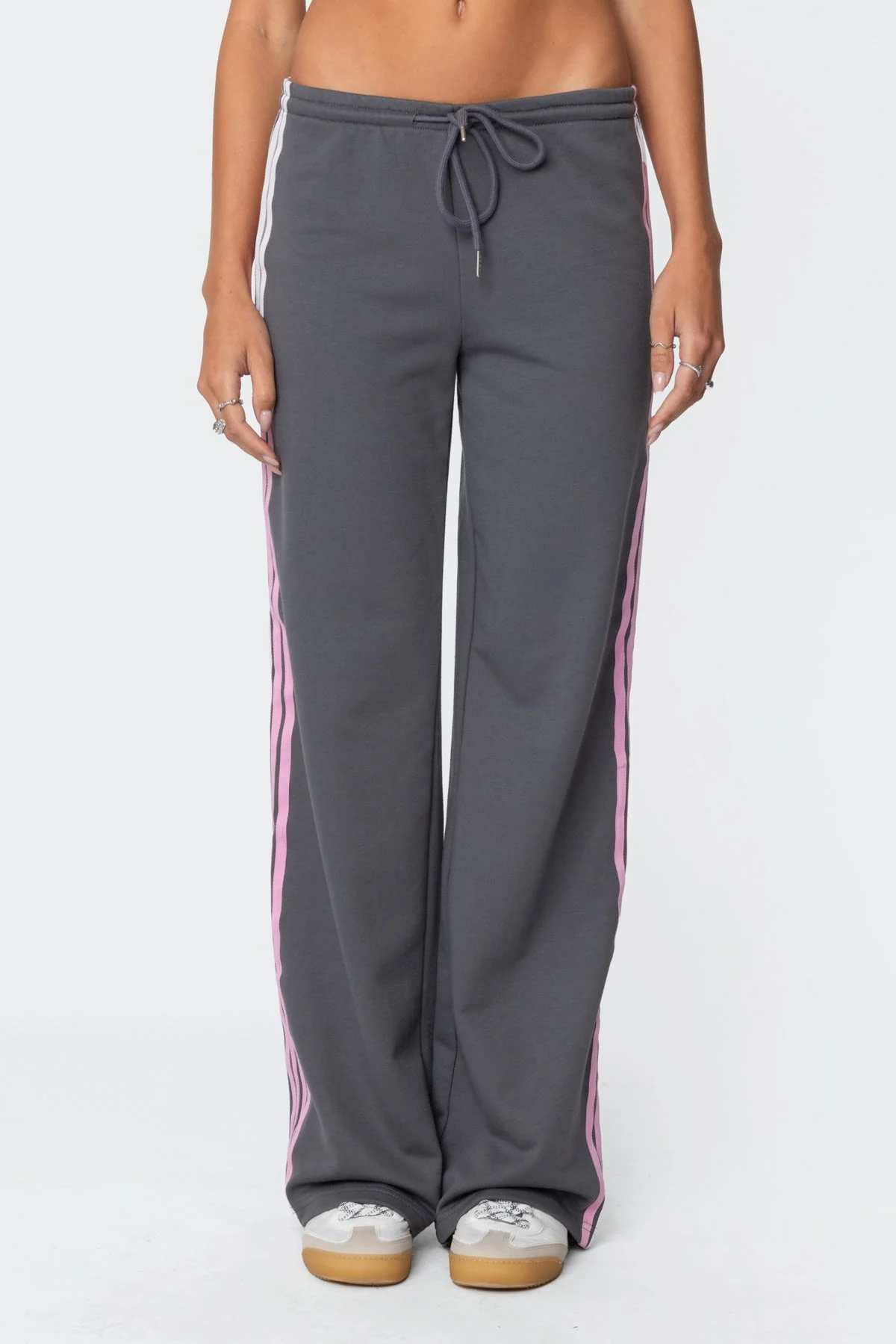 Gray Adjustable Tie Waist Sweatpants with Contrast Stripes