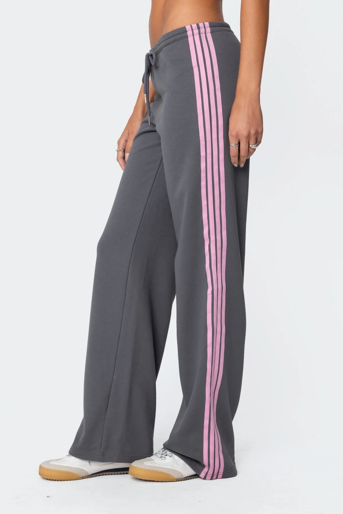 Gray Adjustable Tie Waist Sweatpants with Contrast Stripes