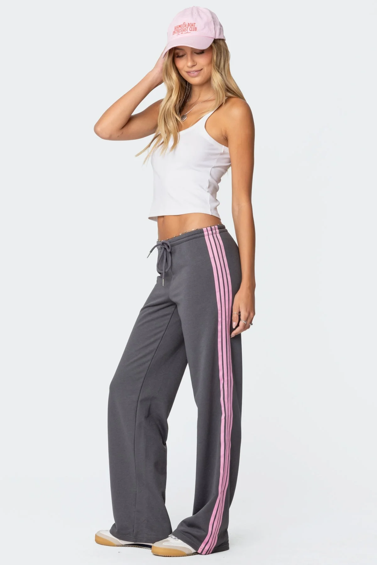 Gray Adjustable Tie Waist Sweatpants with Contrast Stripes