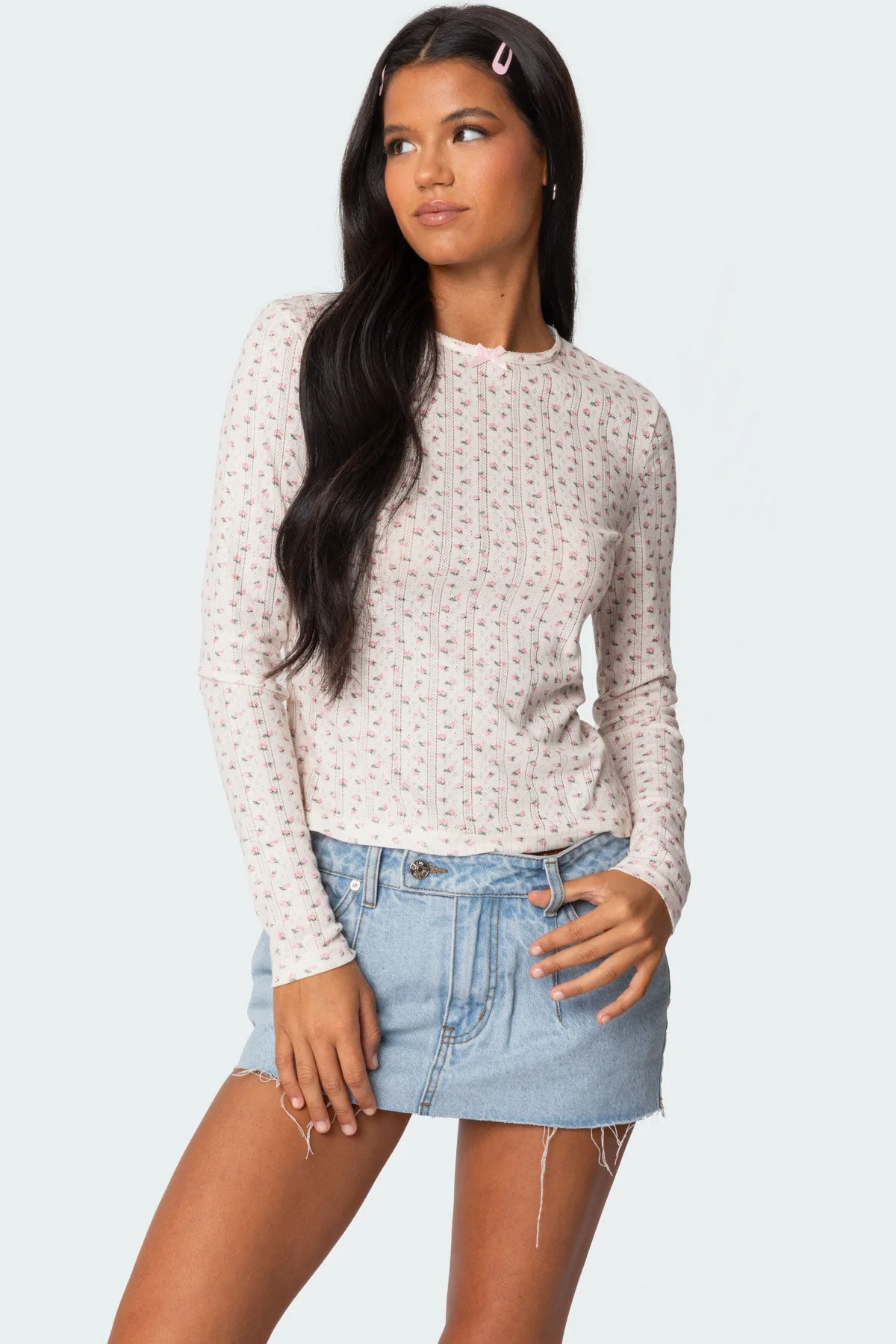 Floral Printed Pointelle Long Sleeve Top in Cream