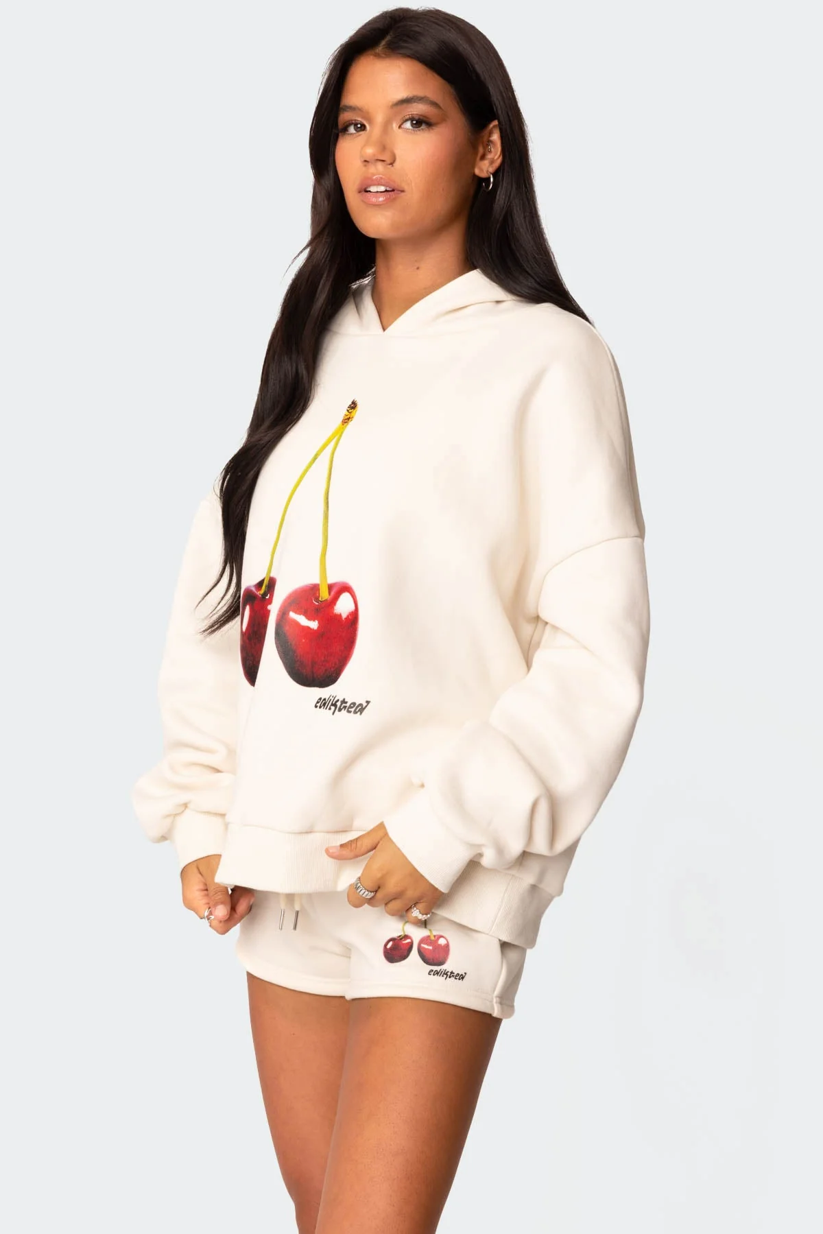 Cherry Blossom Graphic Hoodie Set Cream Polyester Cotton