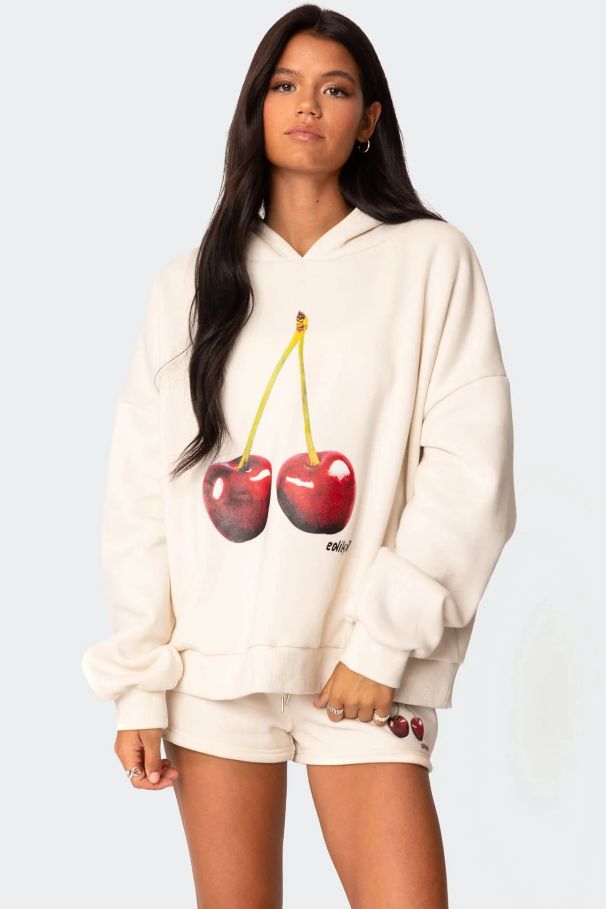 Cherry Blossom Graphic Hoodie Set Cream Polyester Cotton