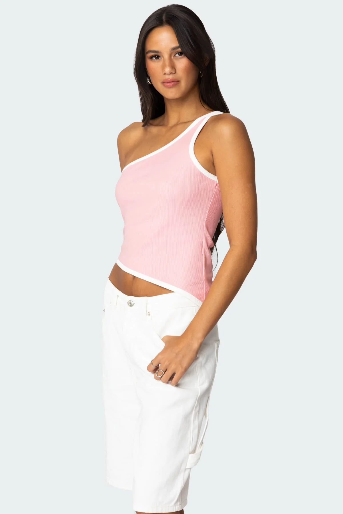 Pink Asymmetric Hem Top for Women Stylish One-Shoulder Design