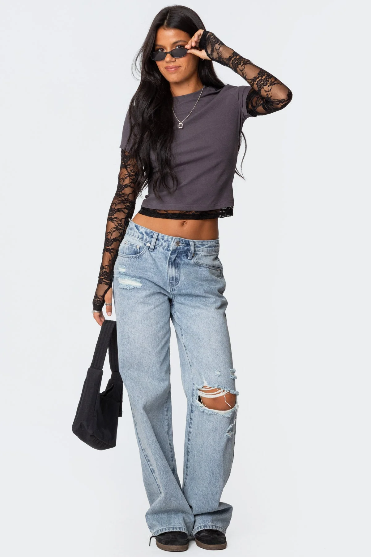 Layered Lace Gray T-Shirt with Sheer Sleeves