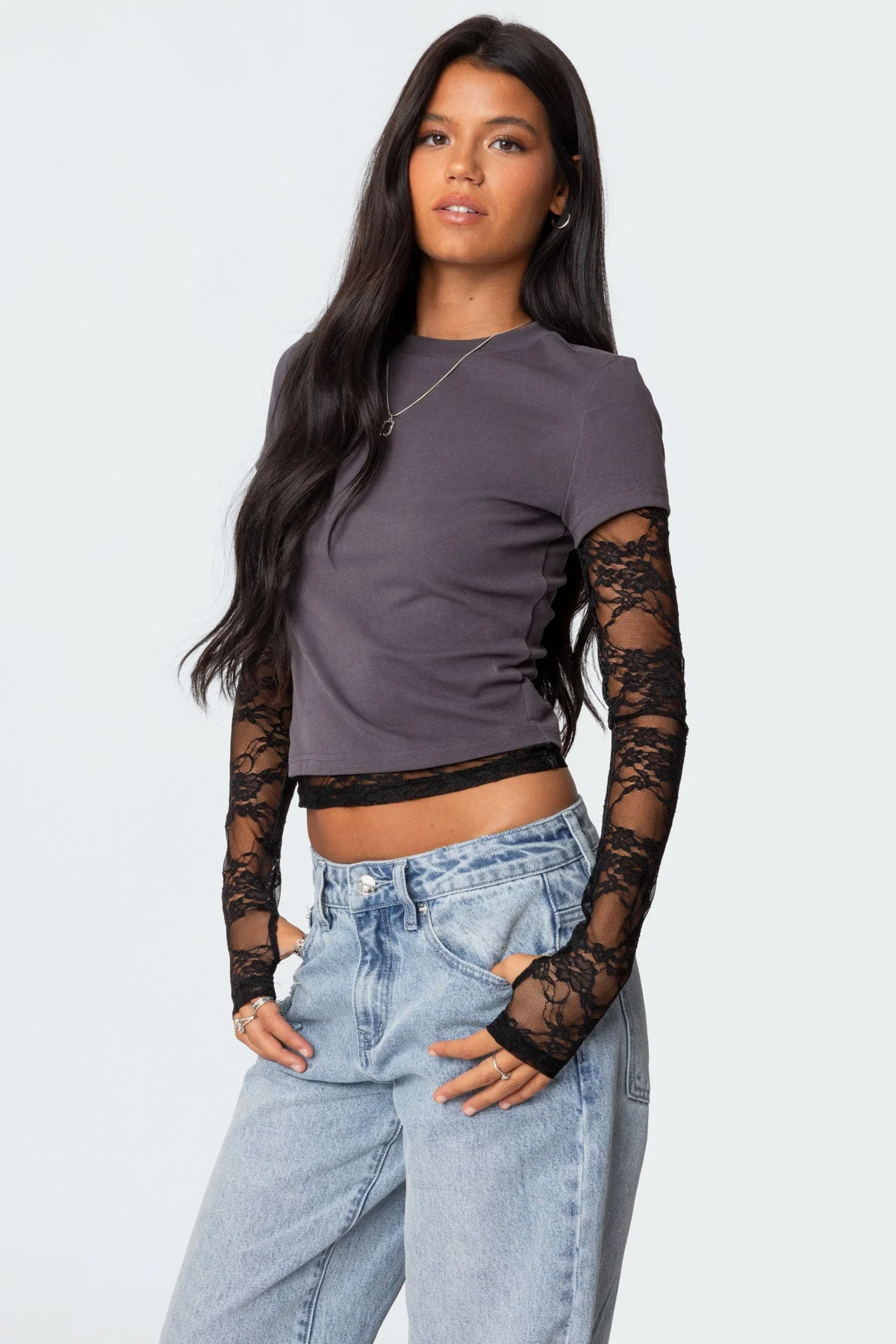 Layered Lace Gray T-Shirt with Sheer Sleeves