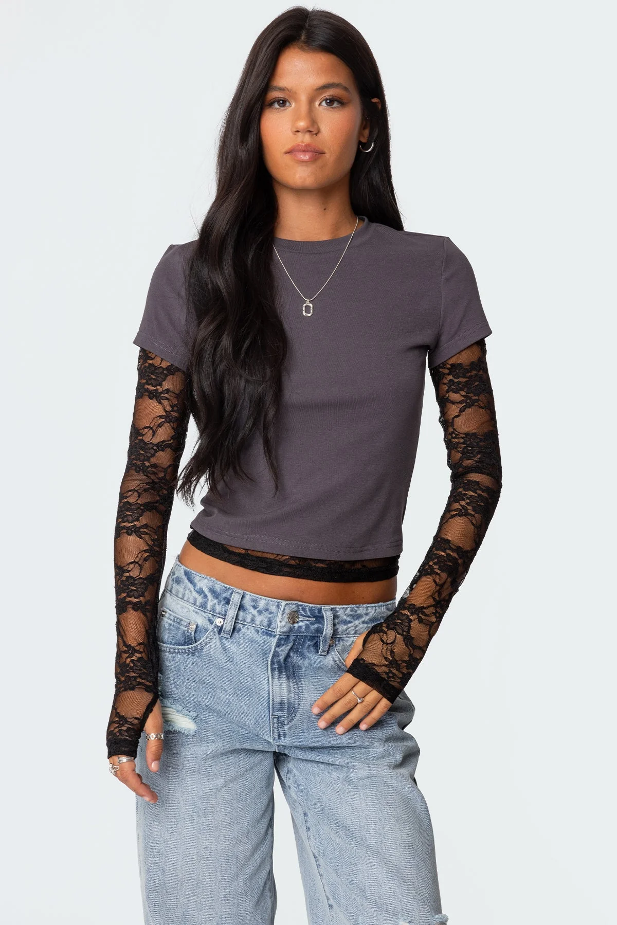 Layered Lace Gray T-Shirt with Sheer Sleeves