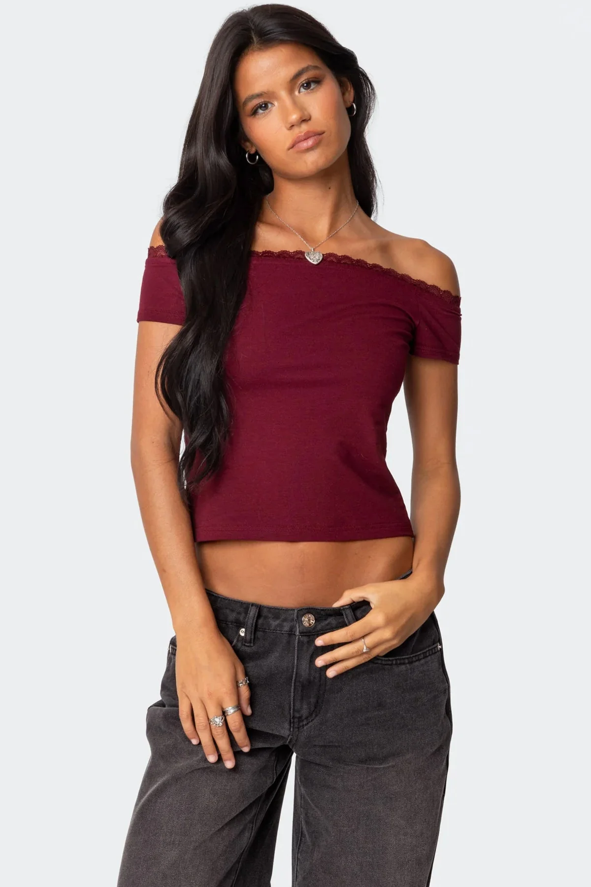 Burgundy Lace Trim Off Shoulder Top
