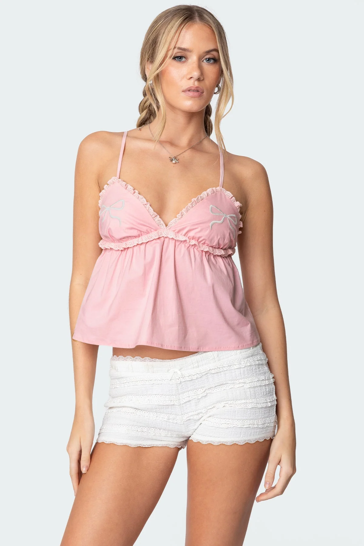 Light Pink Babydoll Tank Top with Bow Detailing