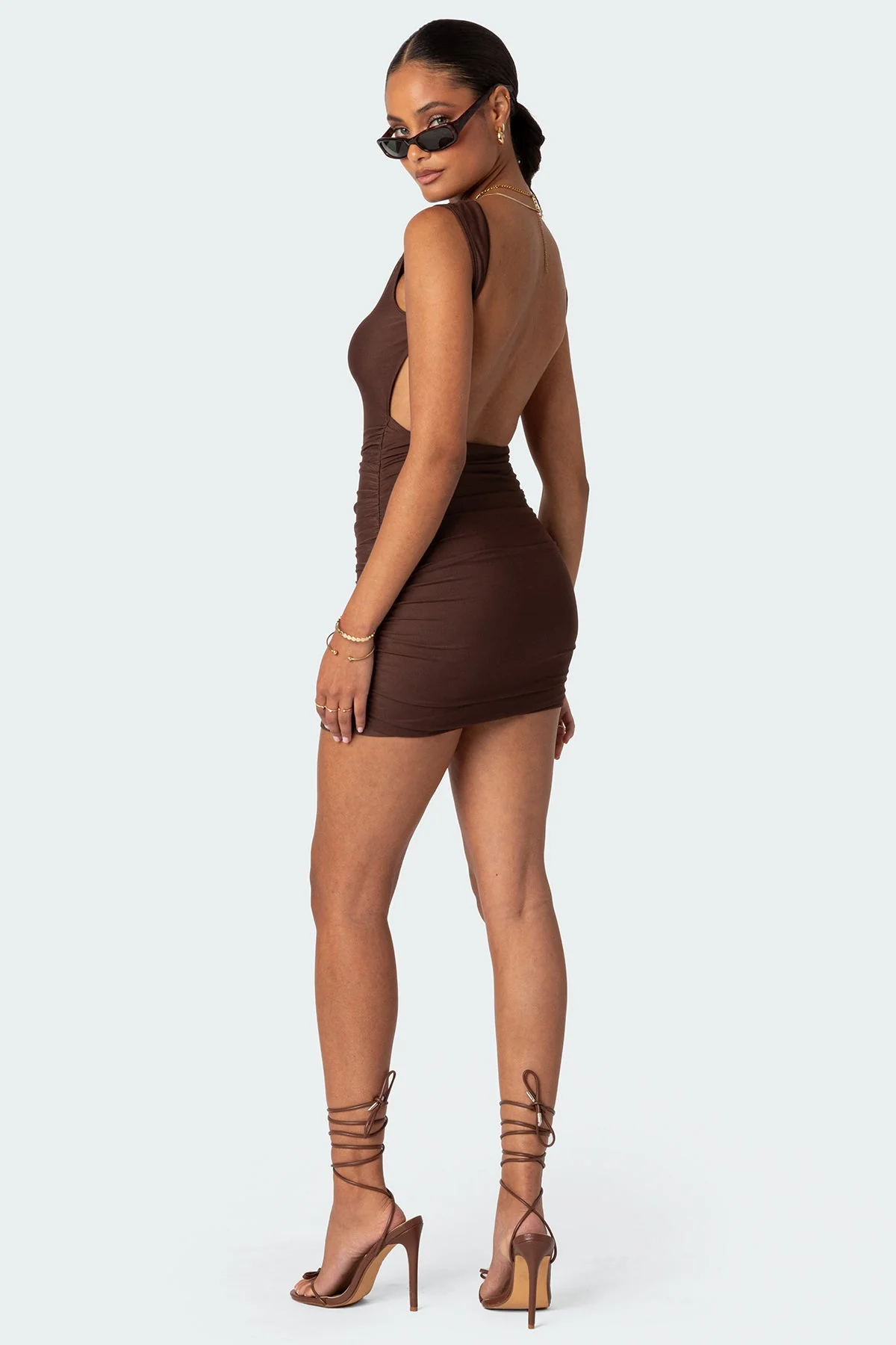 Brown Ruched Open Back Mini Dress