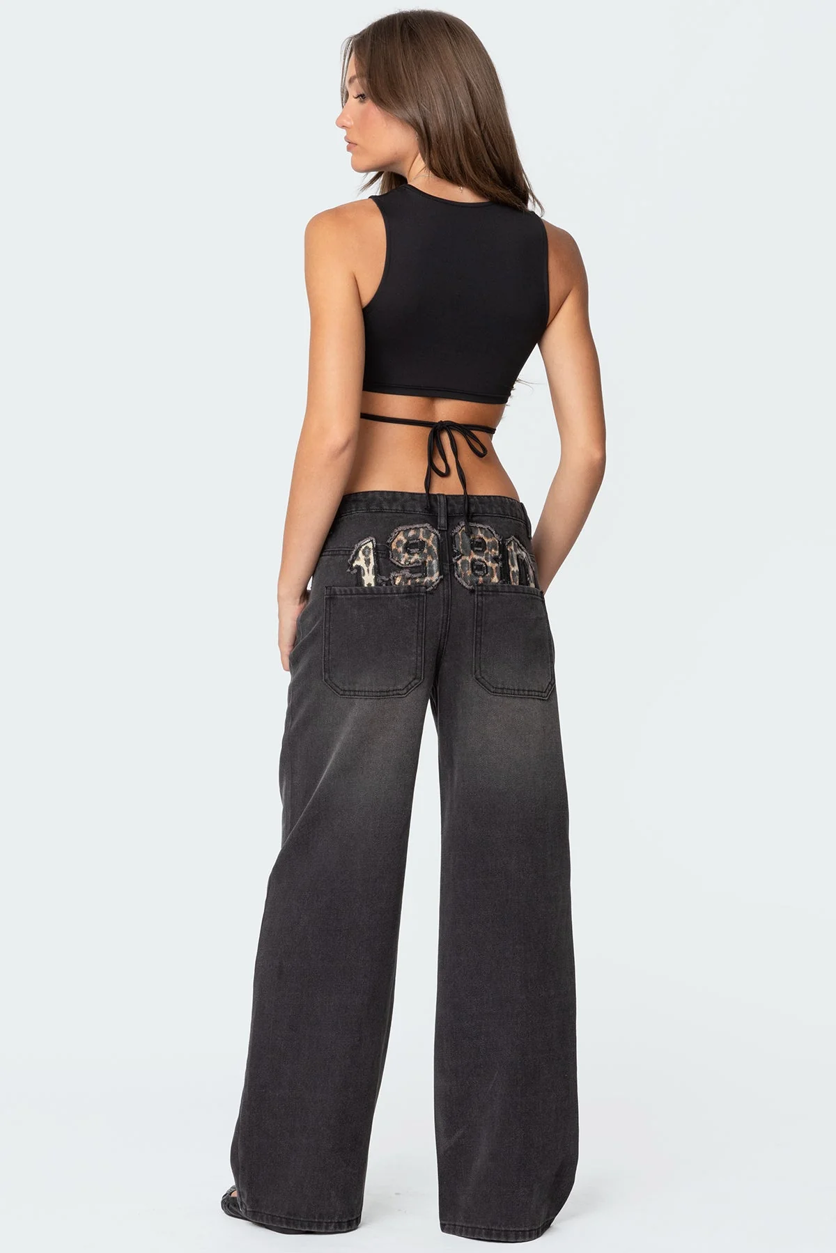 Leopard Print Low Rise Denim Jeans for Women Black Washed