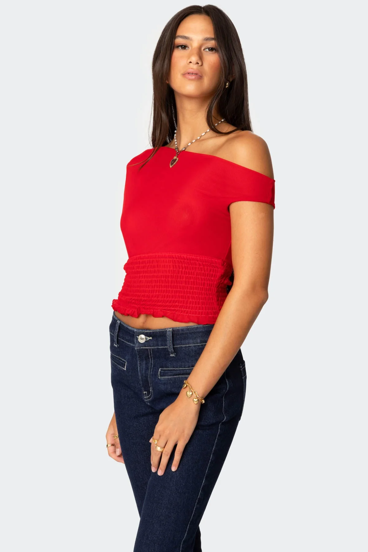 Red Asymmetric Smocked Top for Women