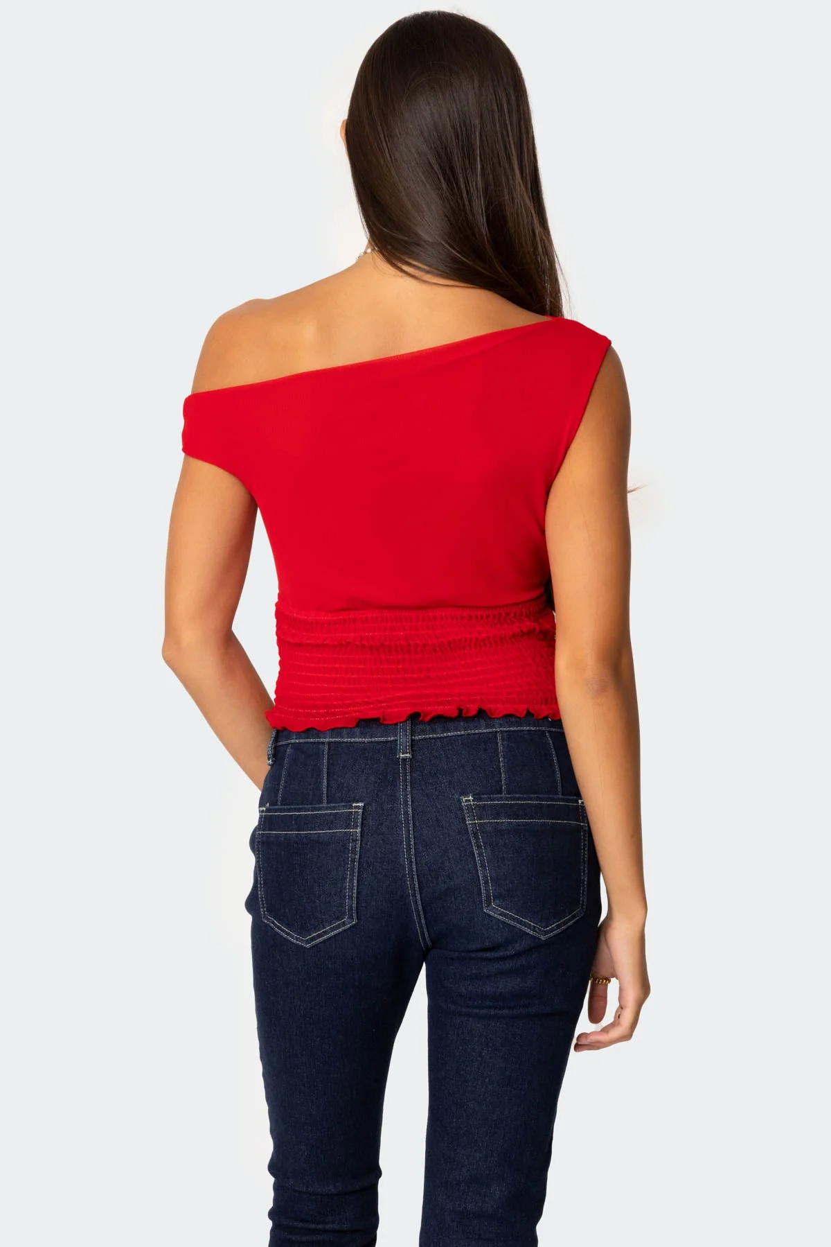 Red Asymmetric Smocked Top for Women