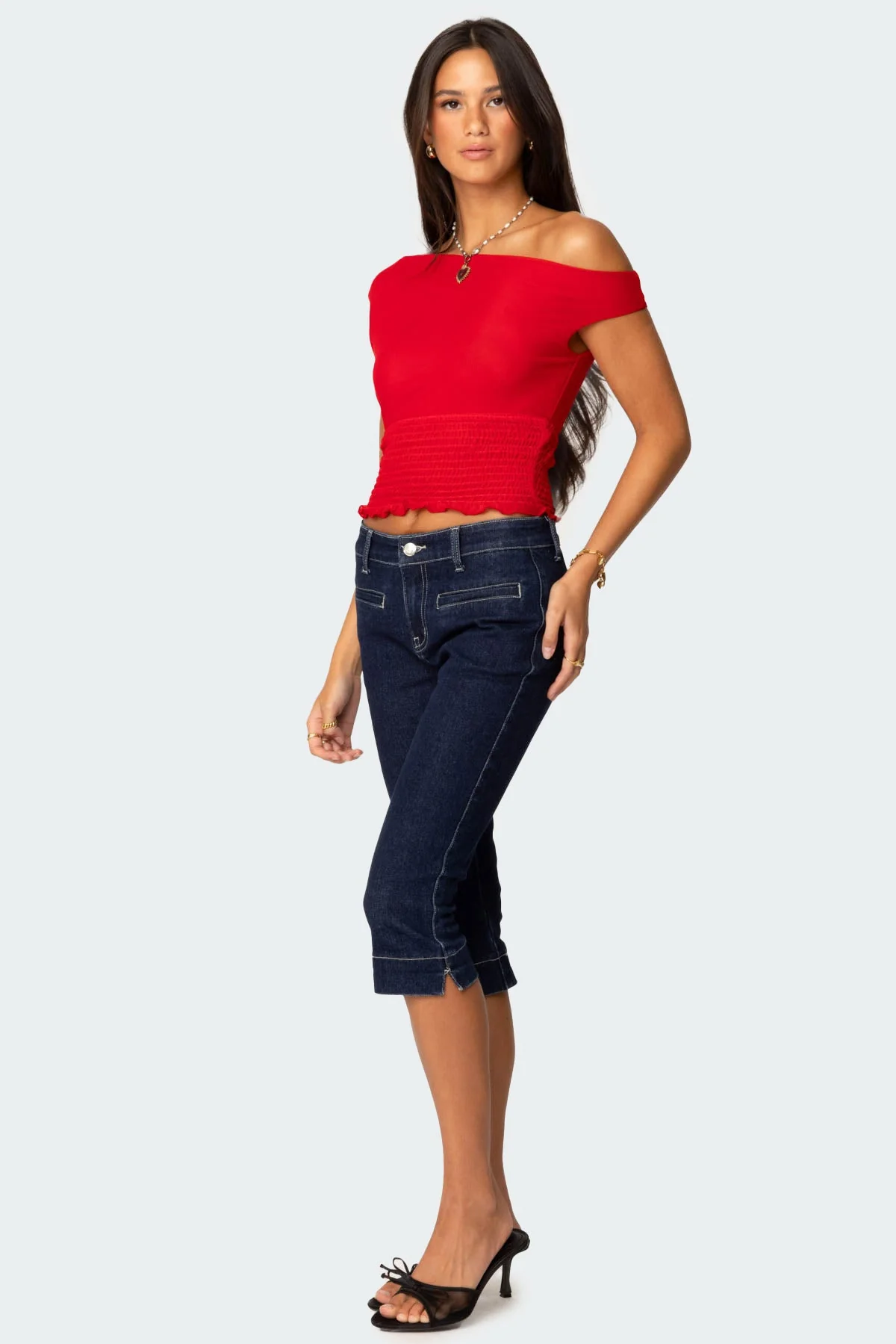 Red Asymmetric Smocked Top for Women