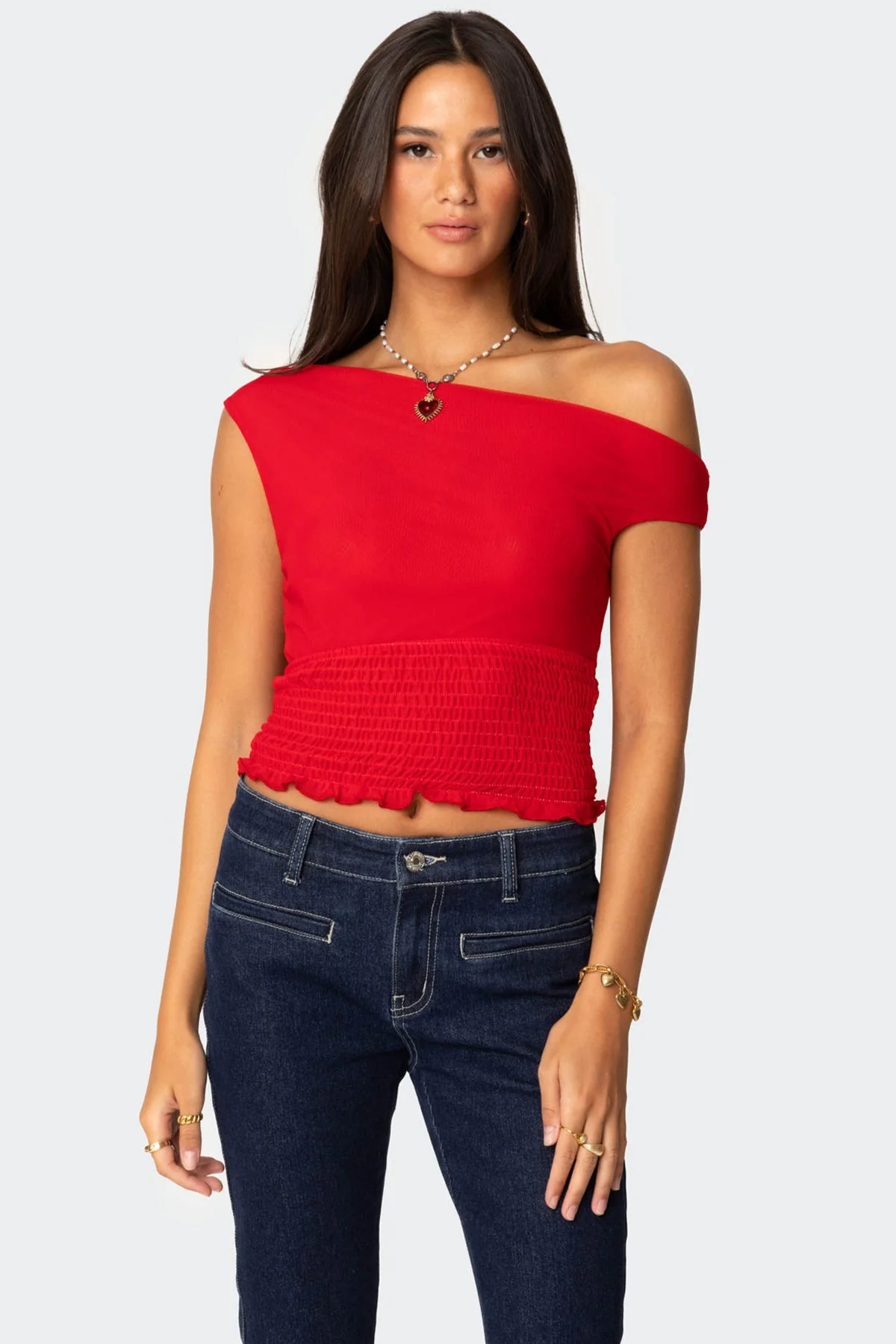 Red Asymmetric Smocked Top for Women