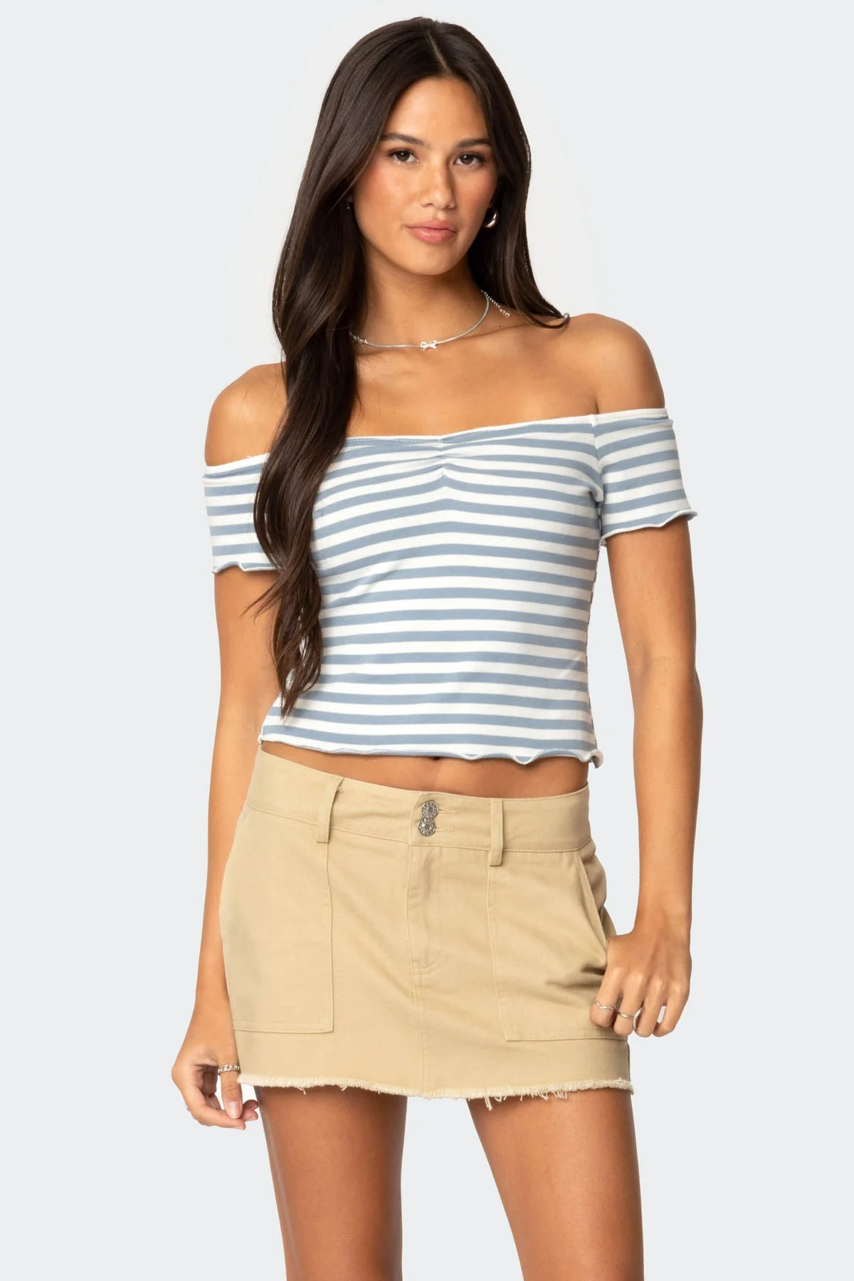 Striped Off Shoulder Cotton Top - Stylish Blue & White Design