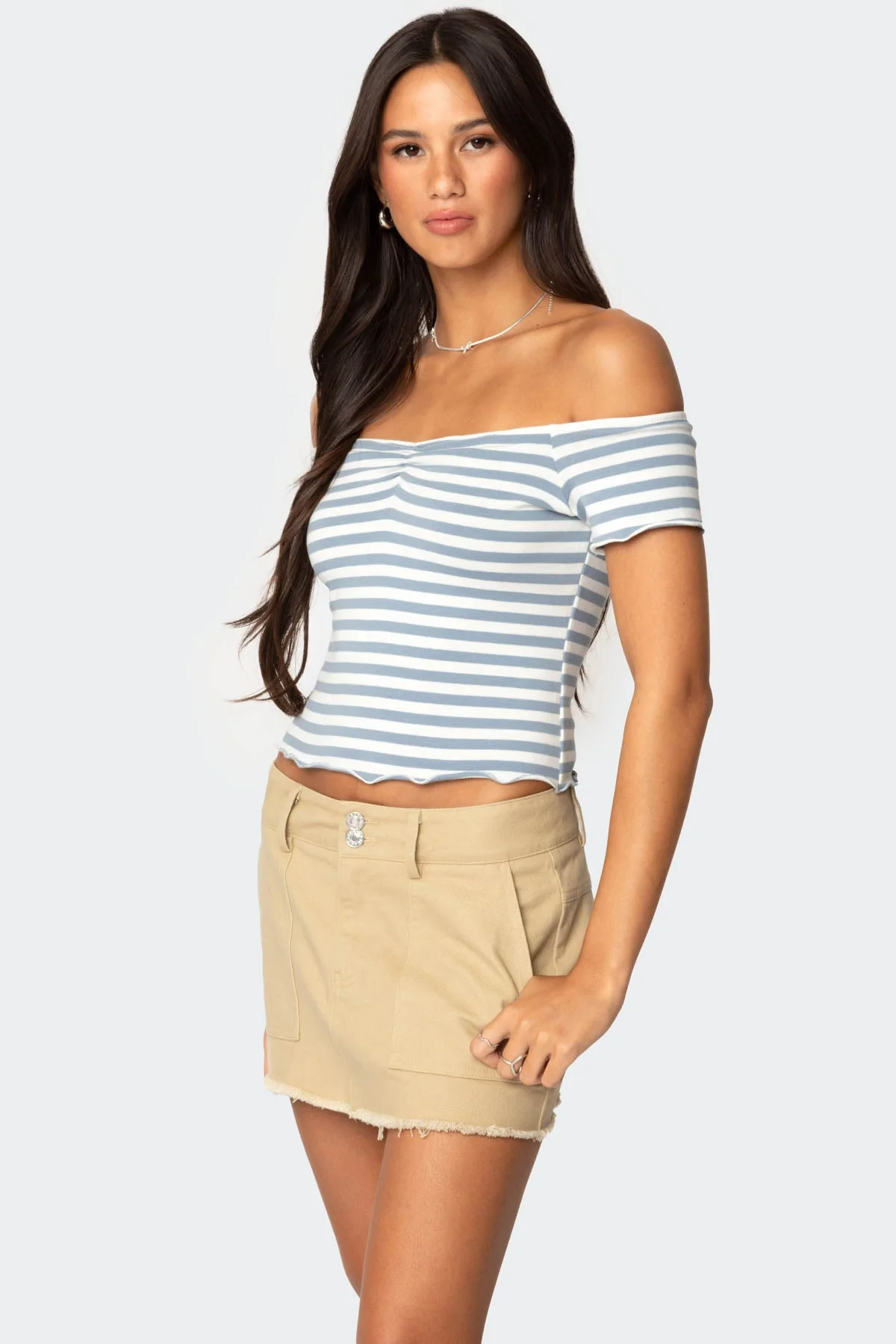 Striped Off Shoulder Cotton Top - Stylish Blue & White Design