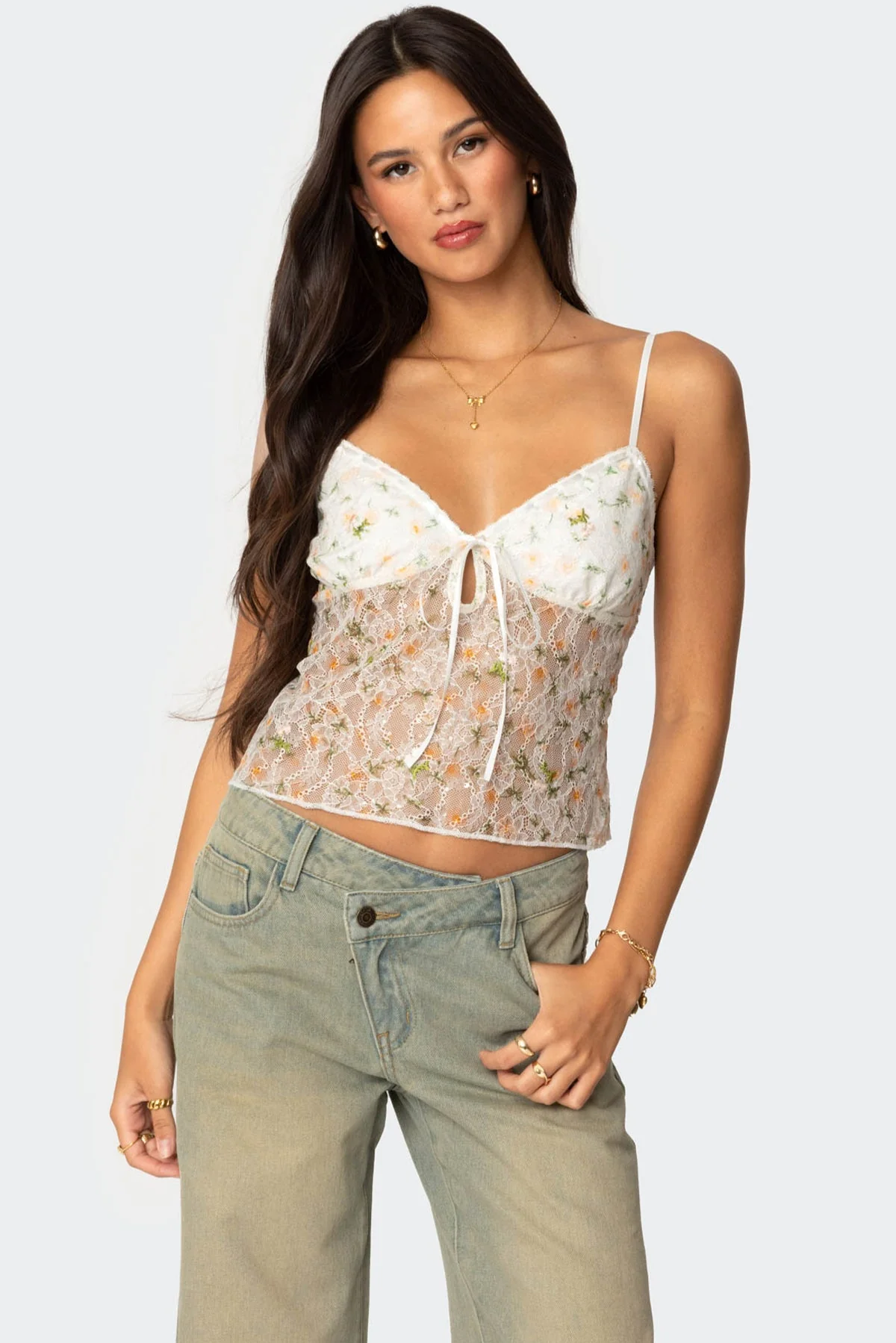 Cream Sheer Floral Embroidery Top