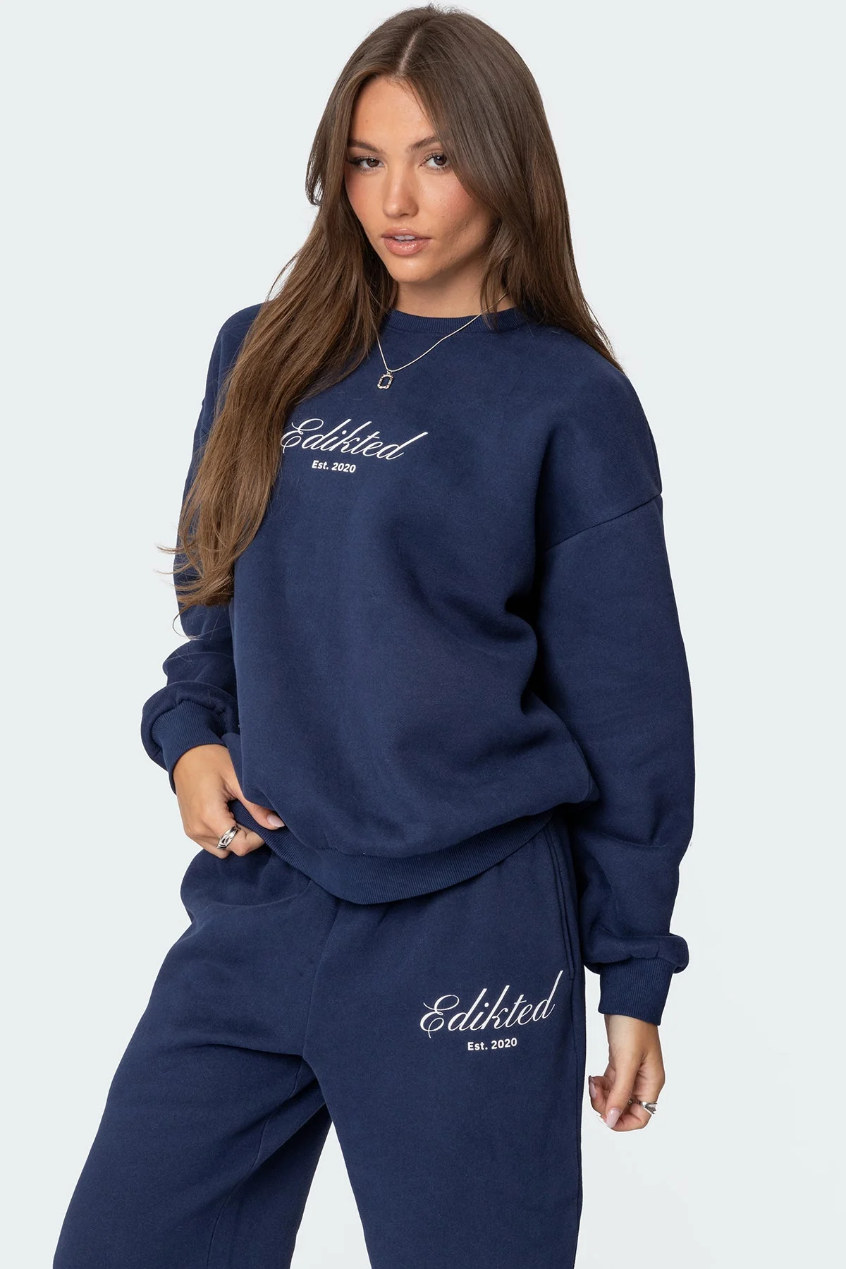Navy Crewneck Sweatshirt Set - Trendy Graphic Design