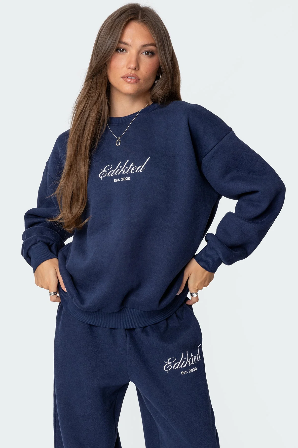Navy Crewneck Sweatshirt Set - Trendy Graphic Design