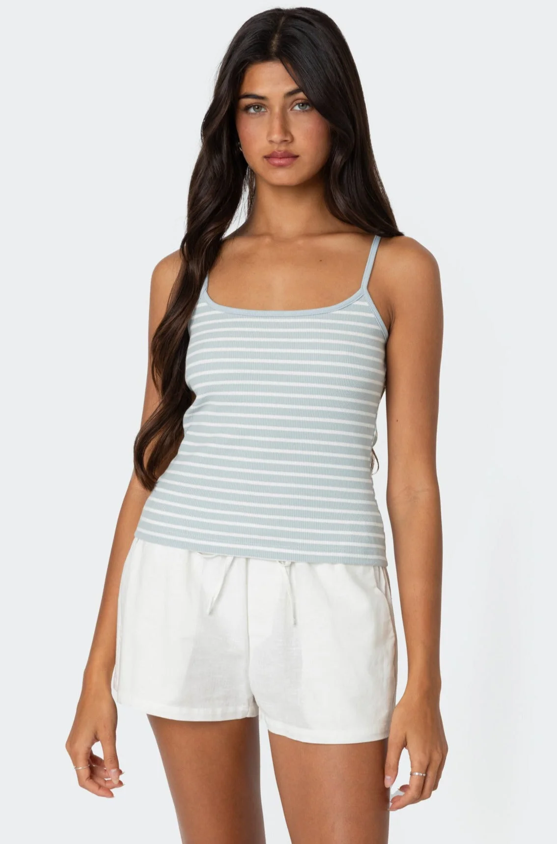Light Blue Striped Ribbed Tank Top for Women