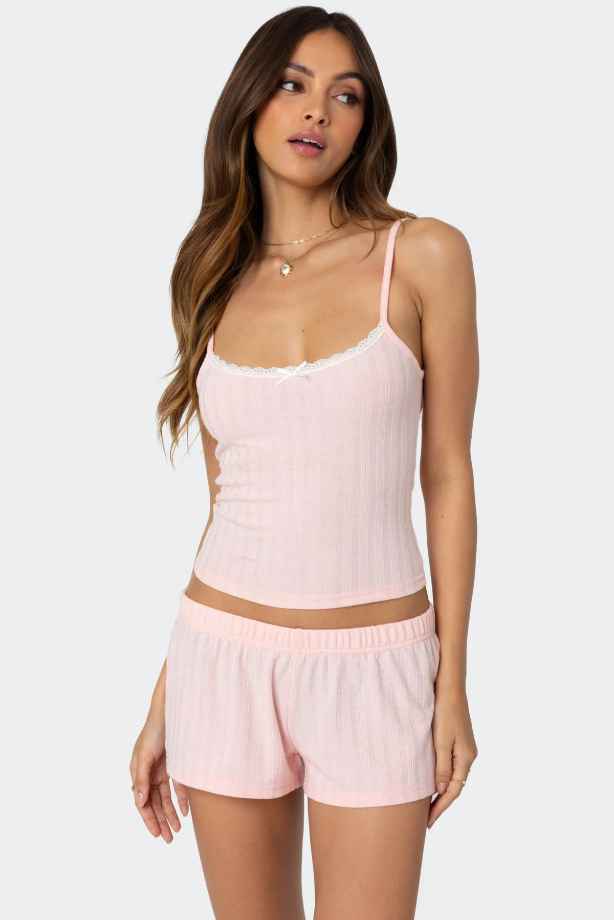 Pink Pointelle Sleepwear Tank Top with Lace Trim