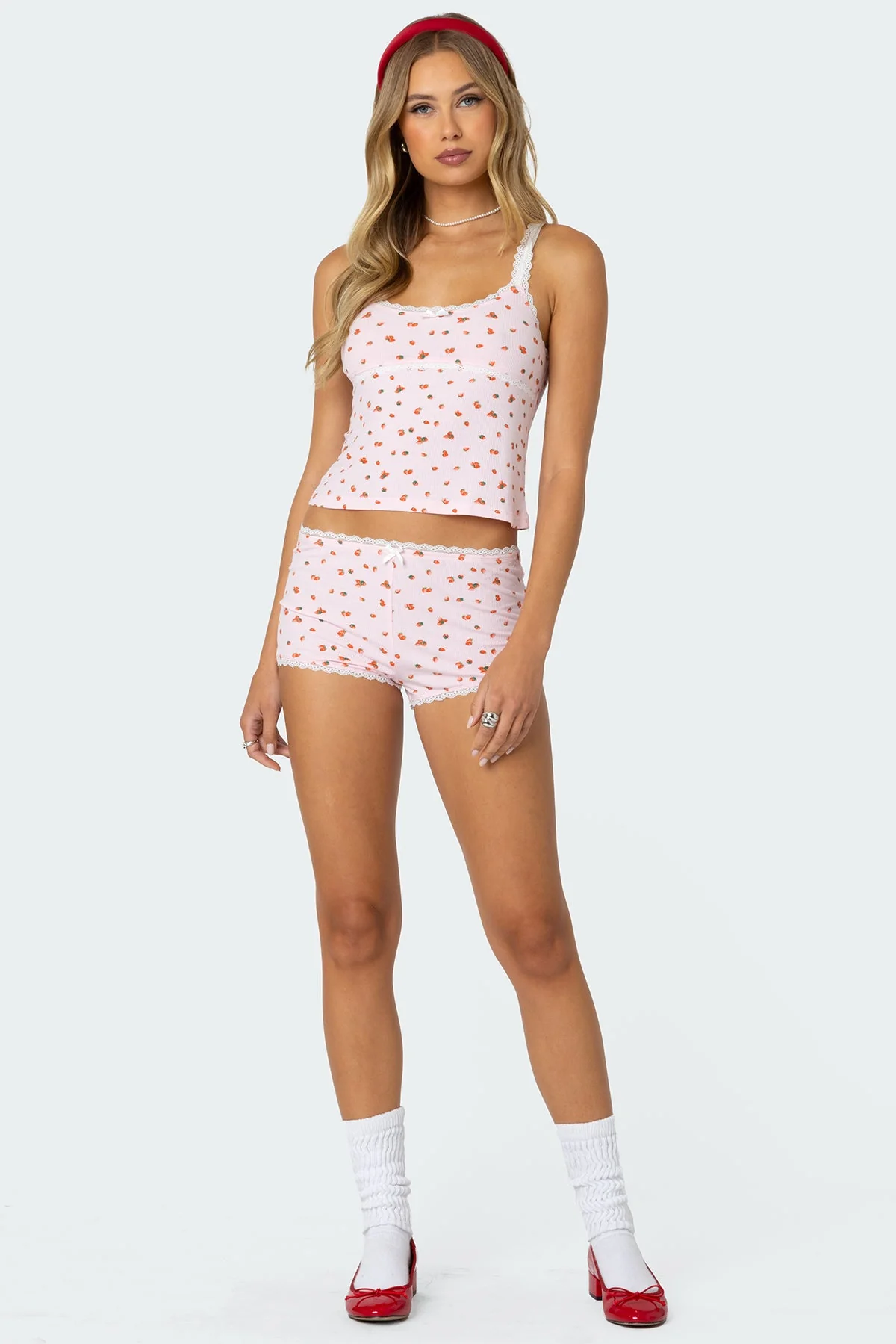 Pink Strawberry Print Sleepwear Micro Shorts