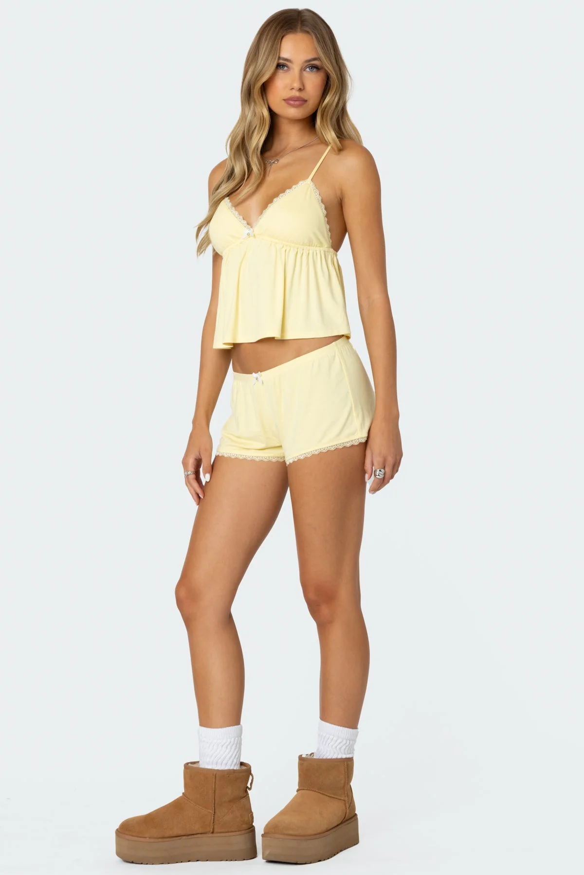 Lace Trim Babydoll Tank Top in Yellow