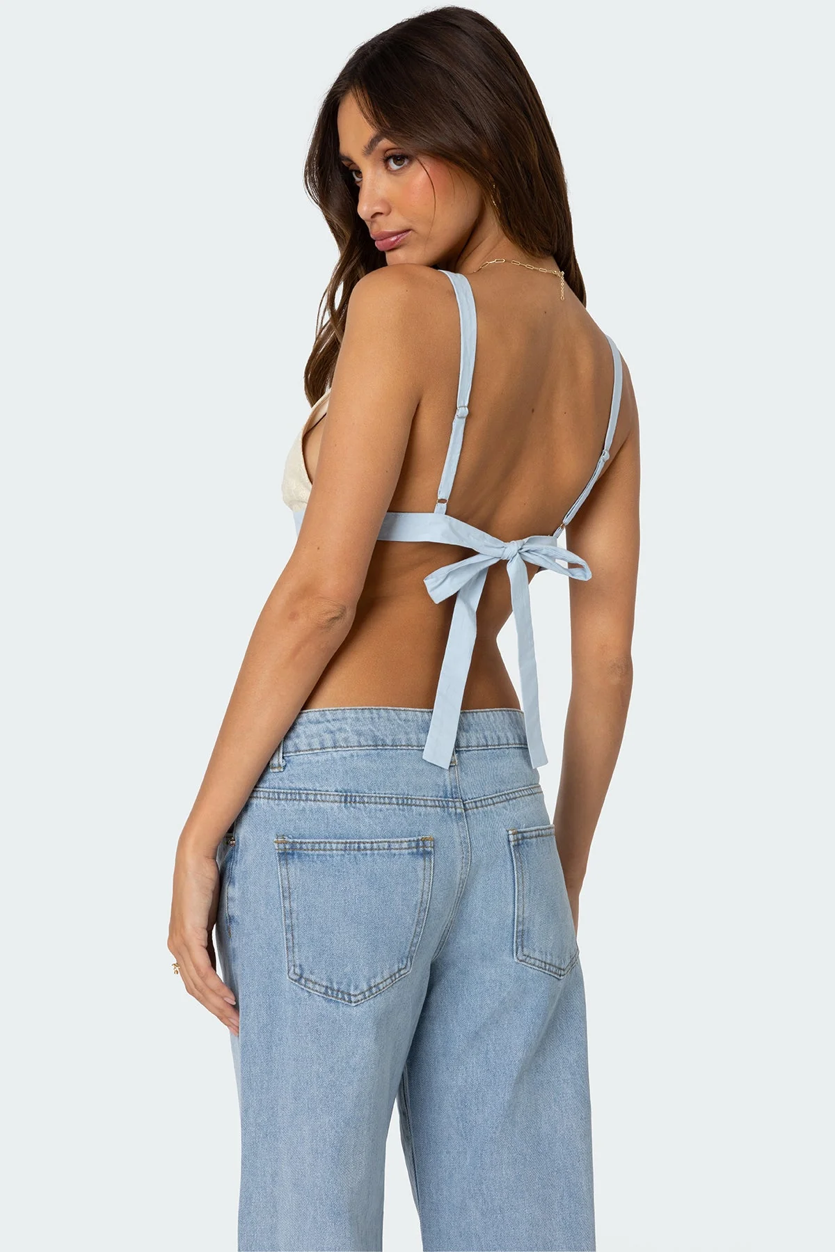 Cream Sheer Lace Back Tie Tank Top